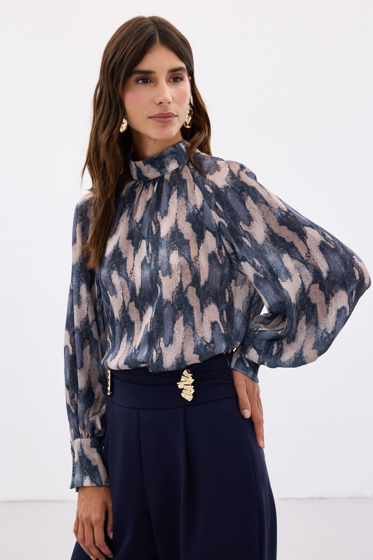 Desenli Salaş Bluz - Lacivert