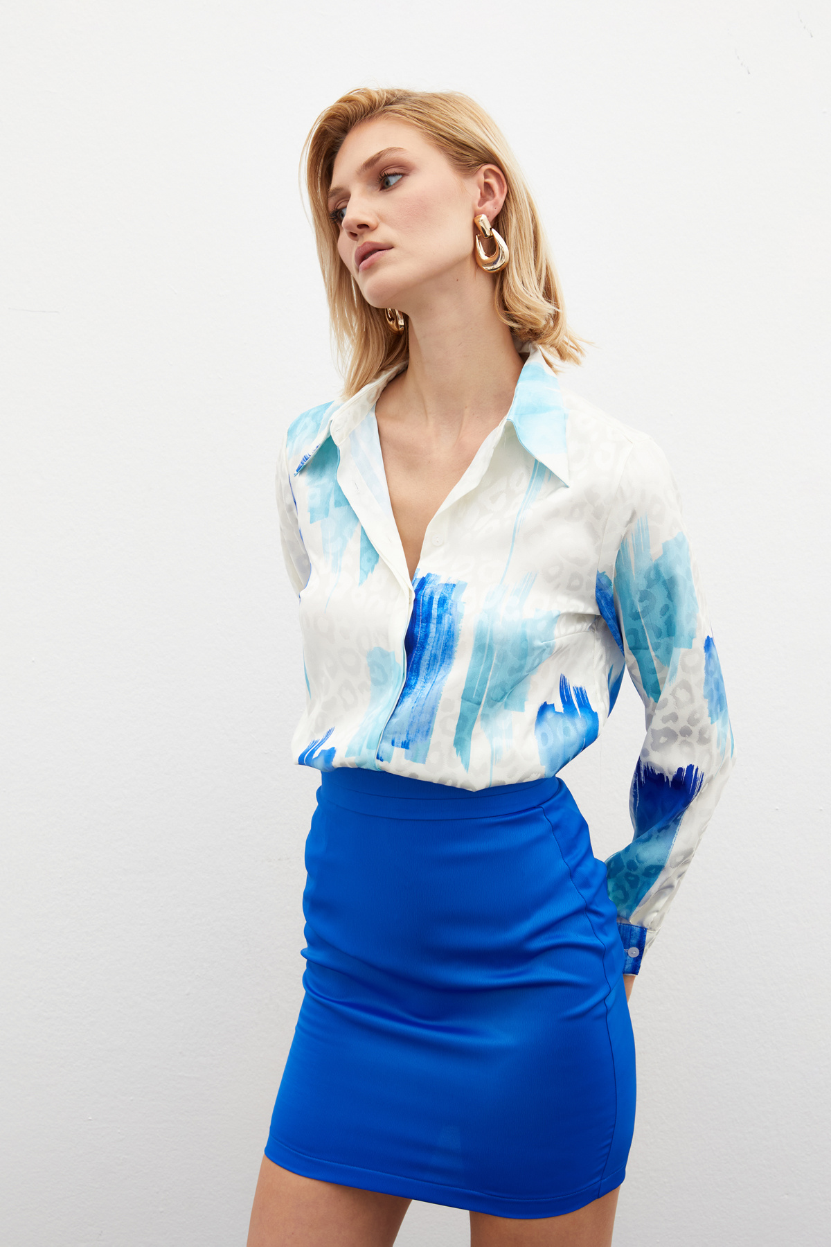 Desenli Salaş Bluz - MAVİ