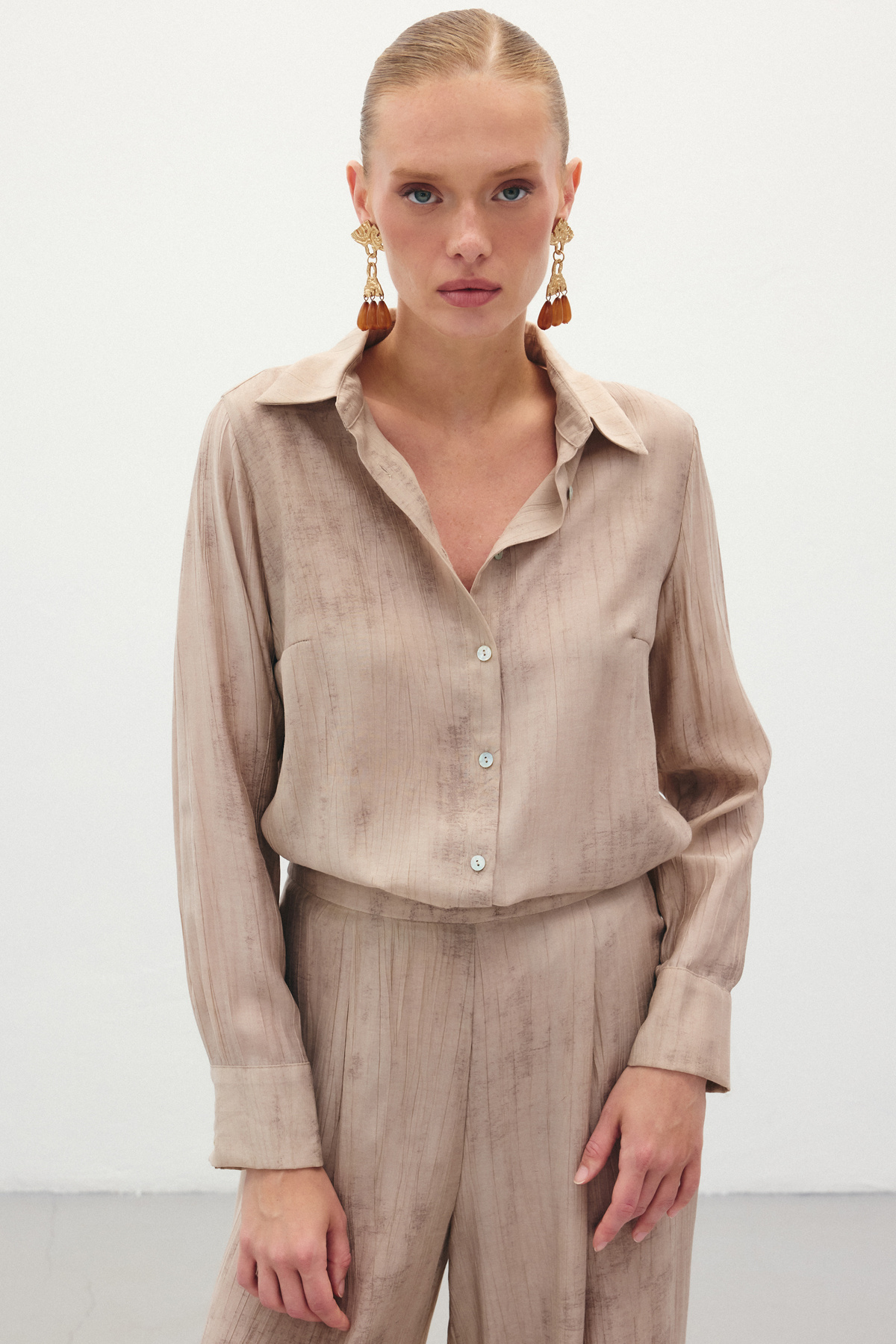 Desenli Salaş Gömlek - Bej