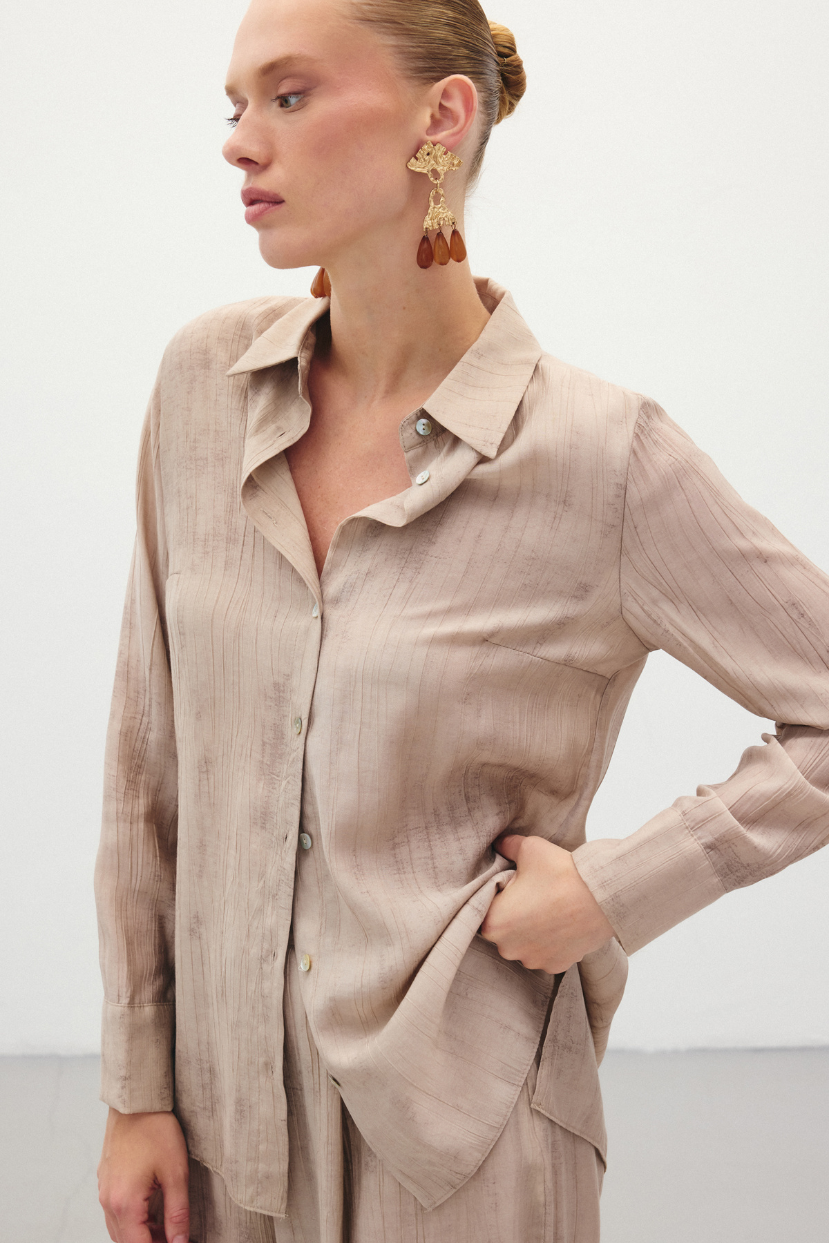 Desenli Salaş Gömlek - Bej