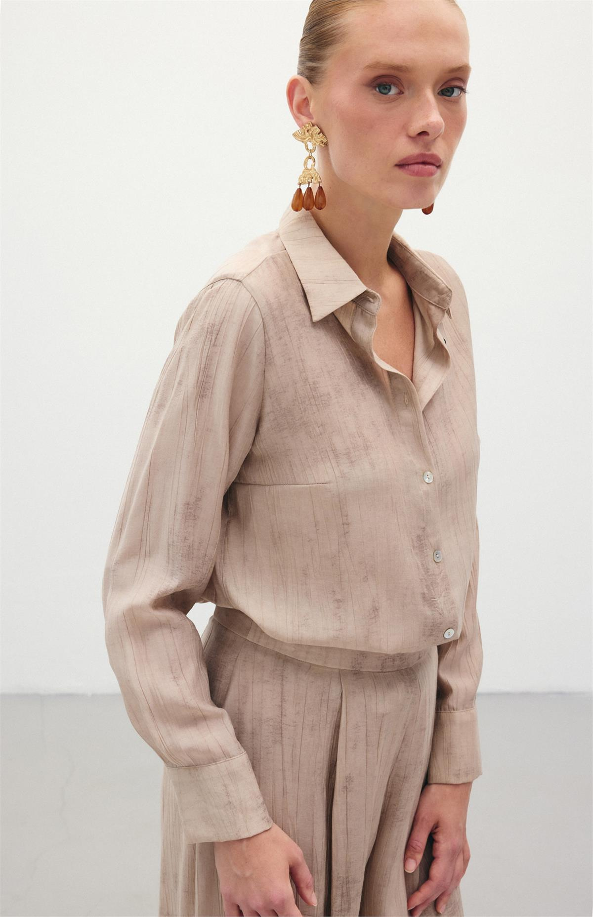 Desenli Salaş Gömlek - Bej