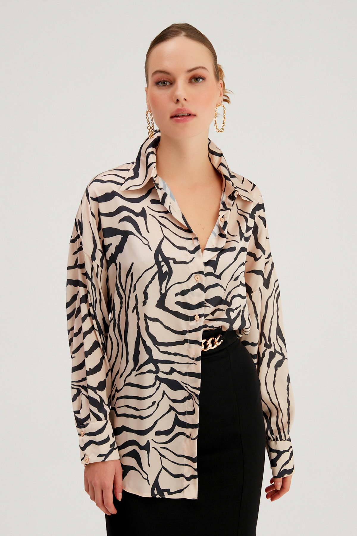 Patterned Loose Shirt - BEIGE