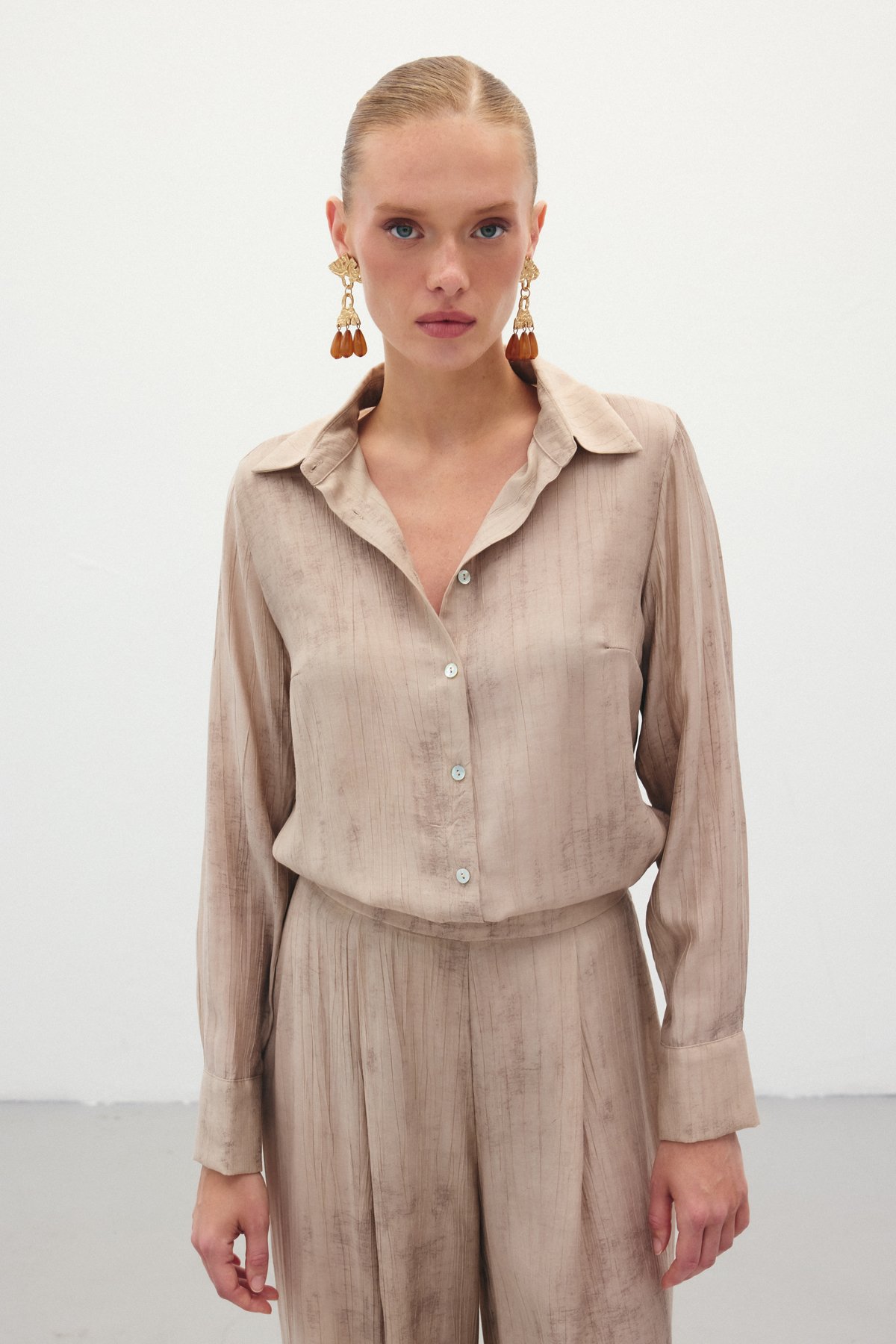 Desenli Salaş Gömlek - Bej