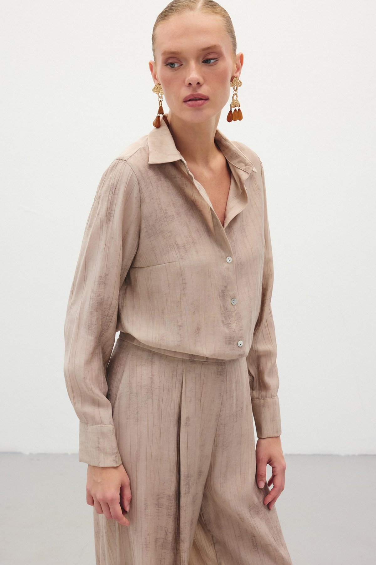 Desenli Salaş Gömlek - Bej