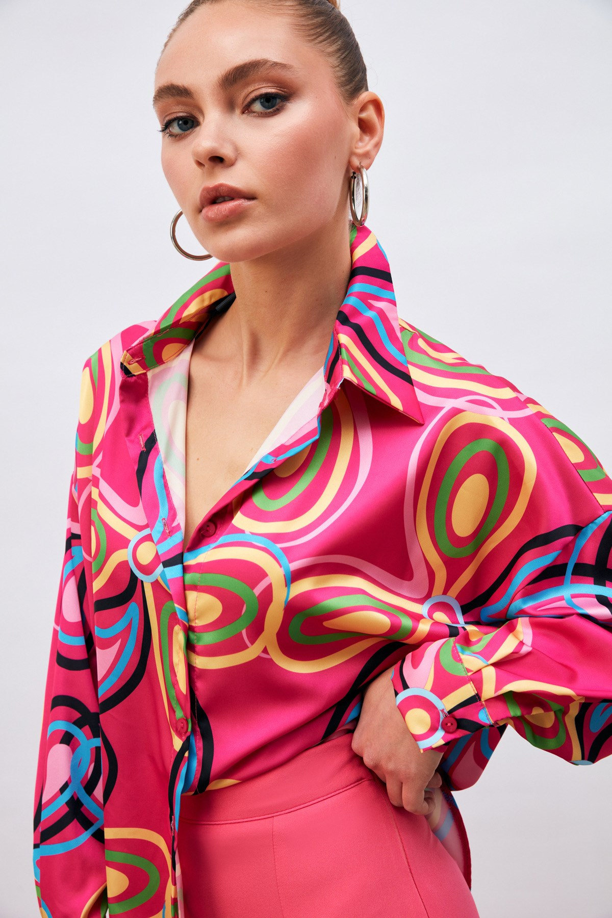 Patterned Loose Shirt - FuchsIa