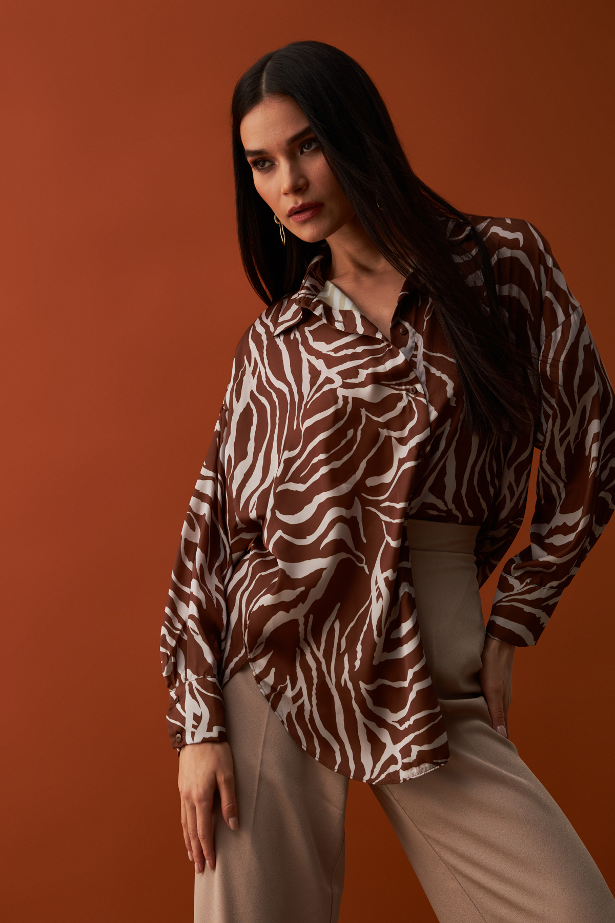 Patterned Loose Shirt - BROWN