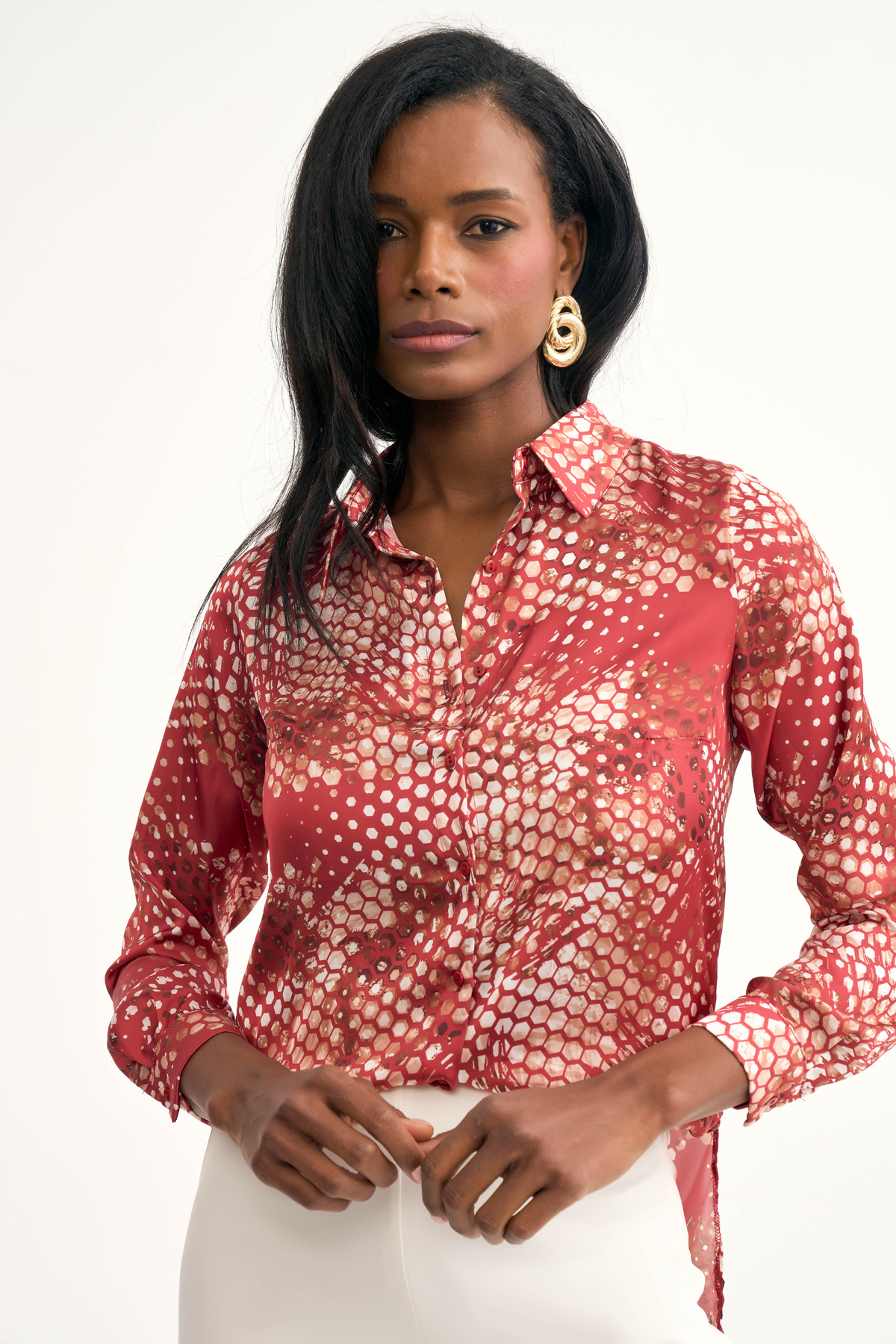 Desenli salaş gömlek - KIRMIZI
