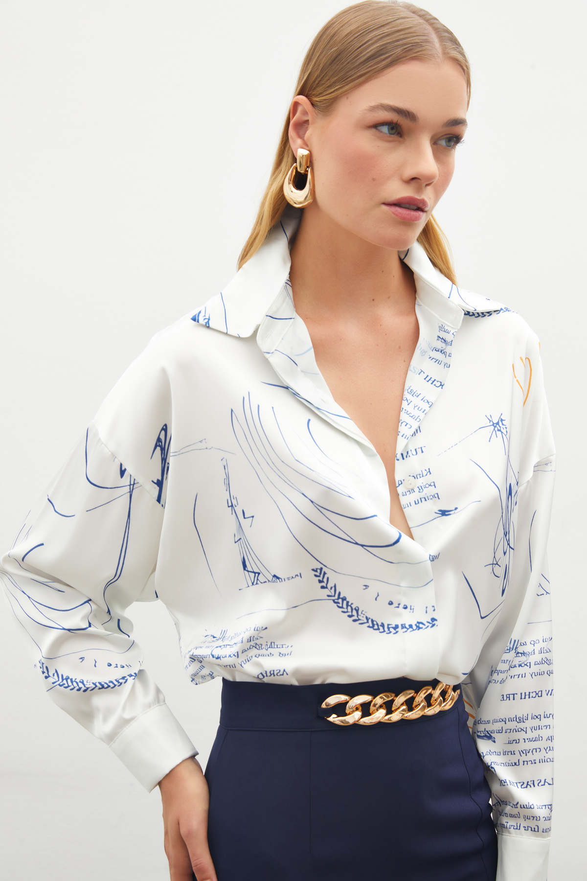 Desenli Salaş Gömlek - SAX MAVİ