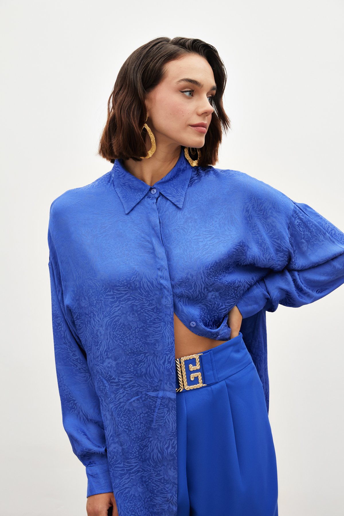 Desenli Salaş Gömlek - SAX MAVİ