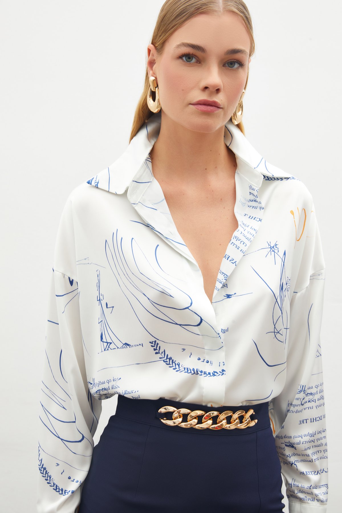 Desenli Salaş Gömlek - SAX MAVİ