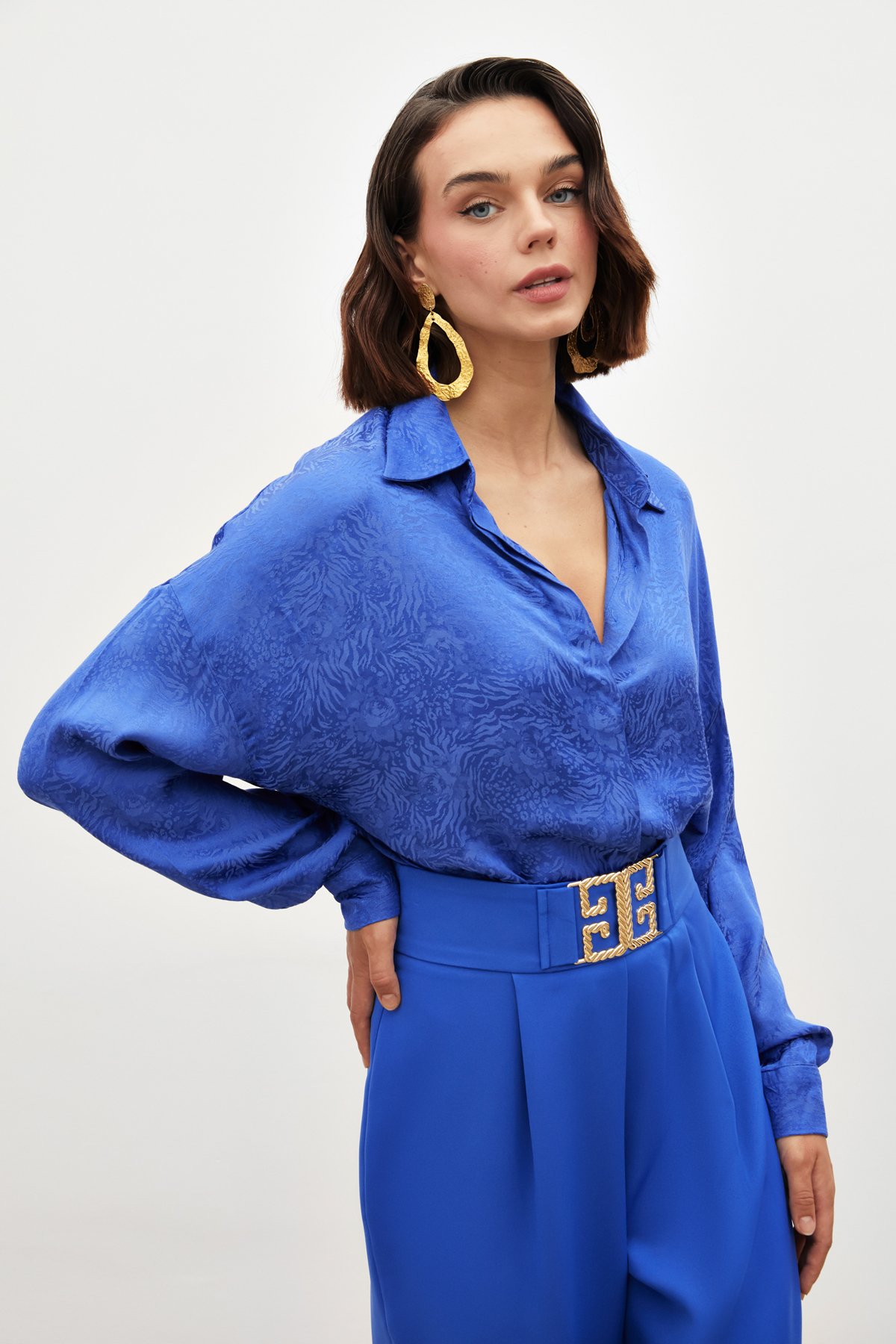 Desenli Salaş Gömlek - SAX MAVİ