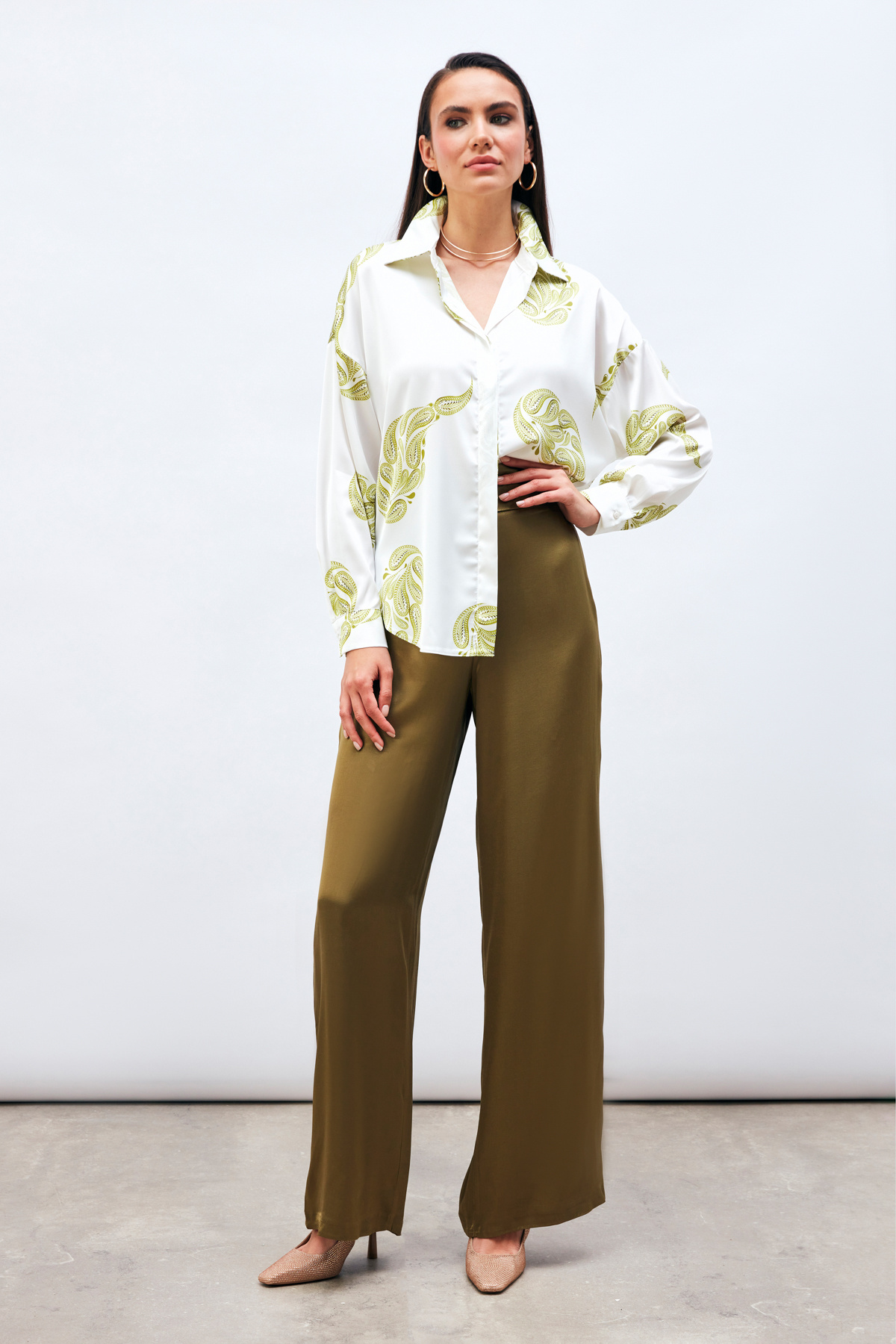 Desenli Salaş Gömlek - YAĞ YEŞİLİ