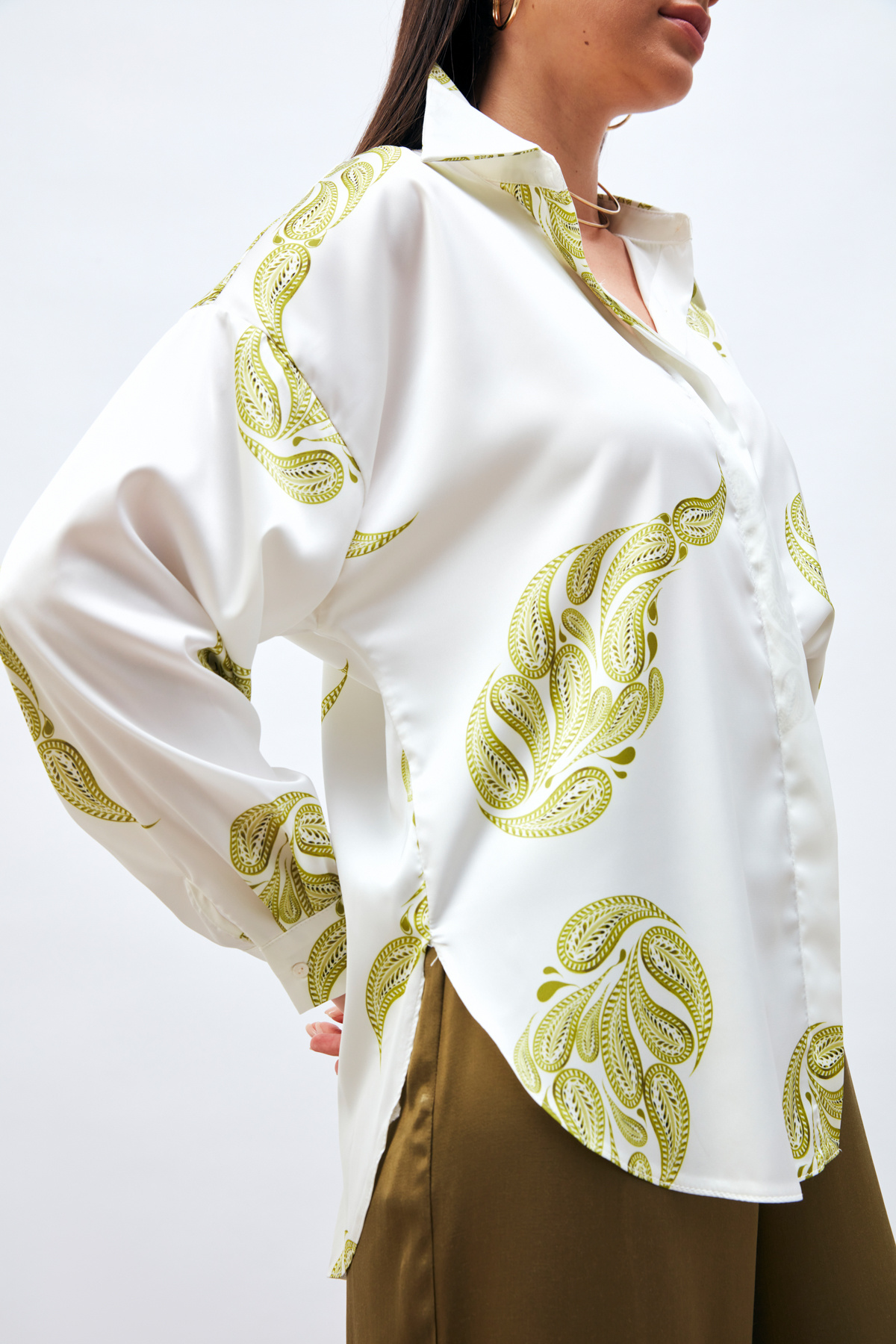 Desenli Salaş Gömlek - YAĞ YEŞİLİ