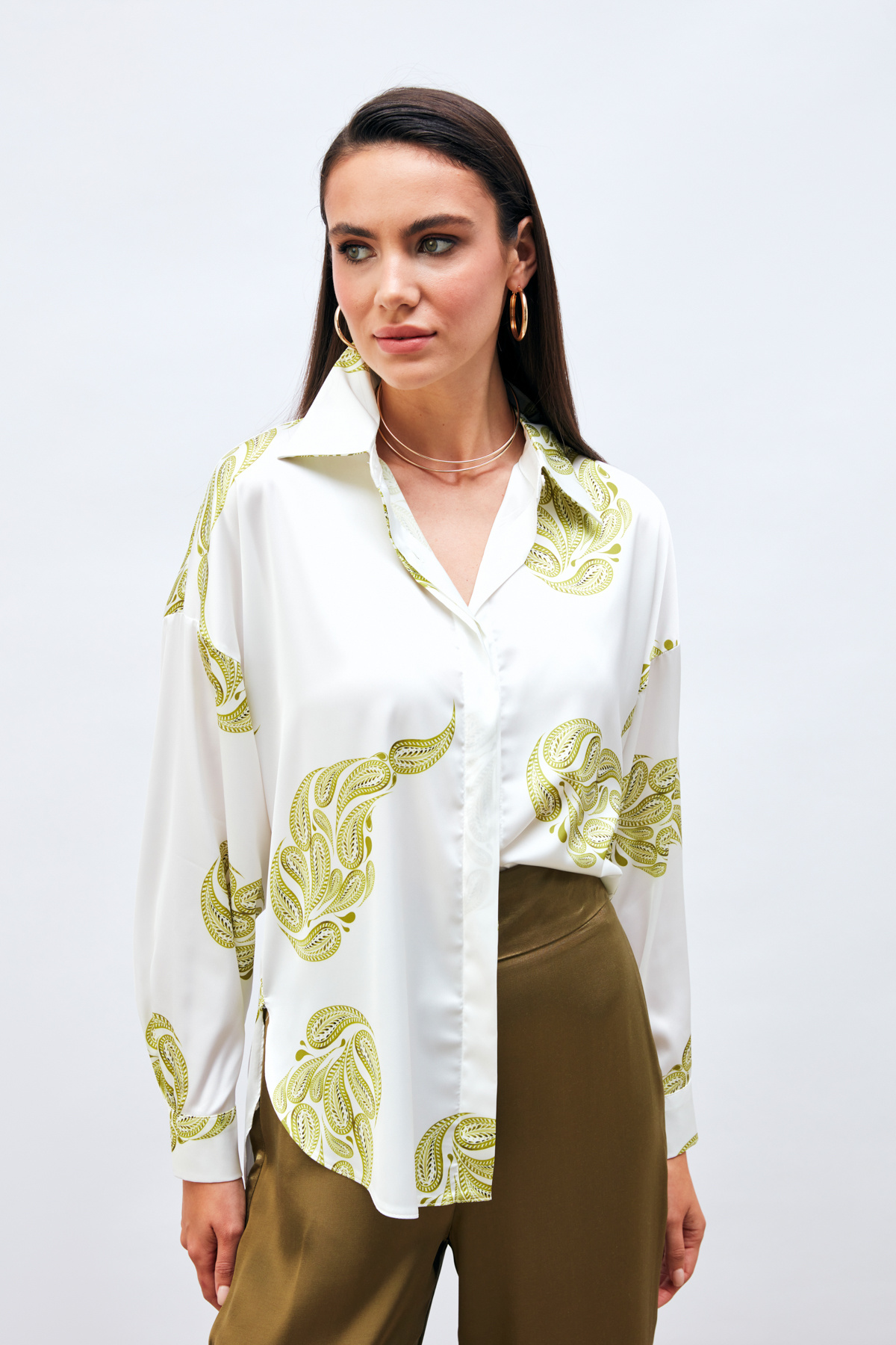 Desenli Salaş Gömlek - YAĞ YEŞİLİ