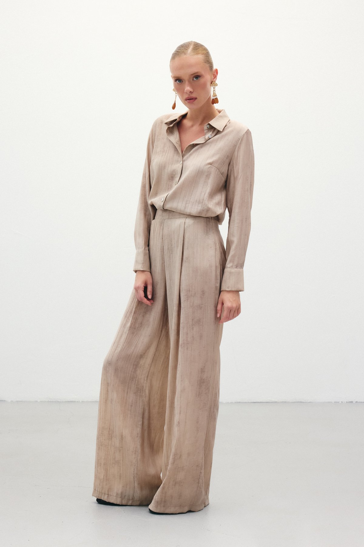 Desenli Salaş Pantolon - Bej