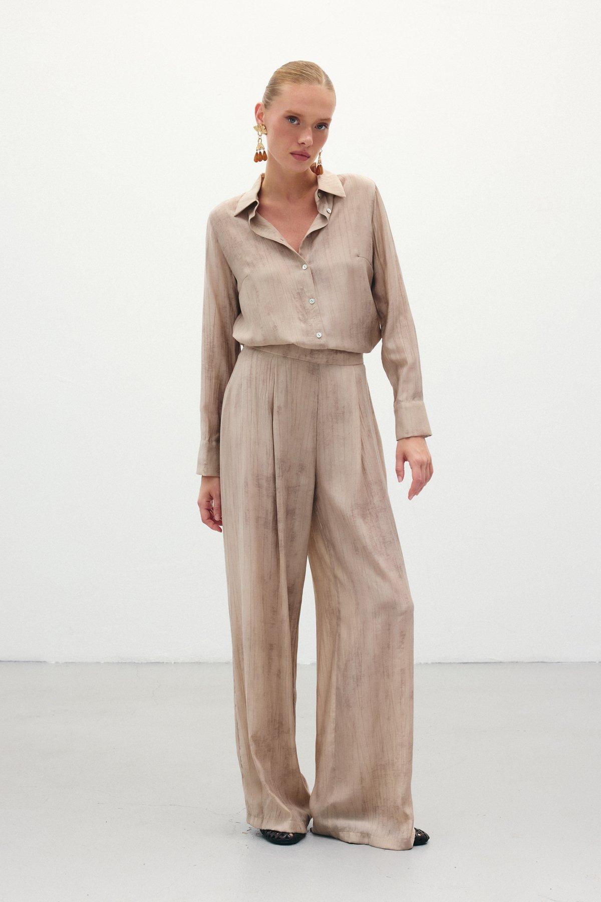 Desenli Salaş Pantolon - Bej