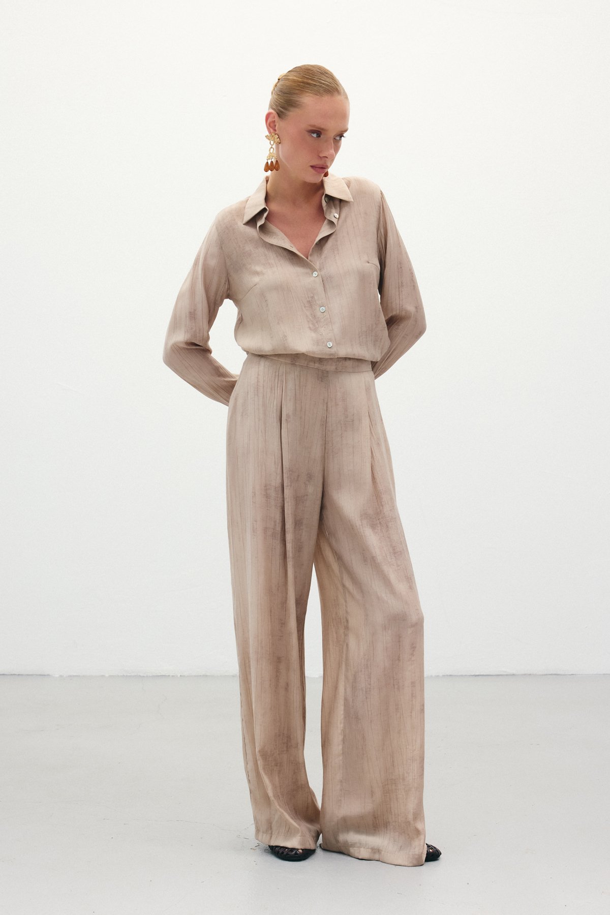 Desenli Salaş Pantolon - Bej