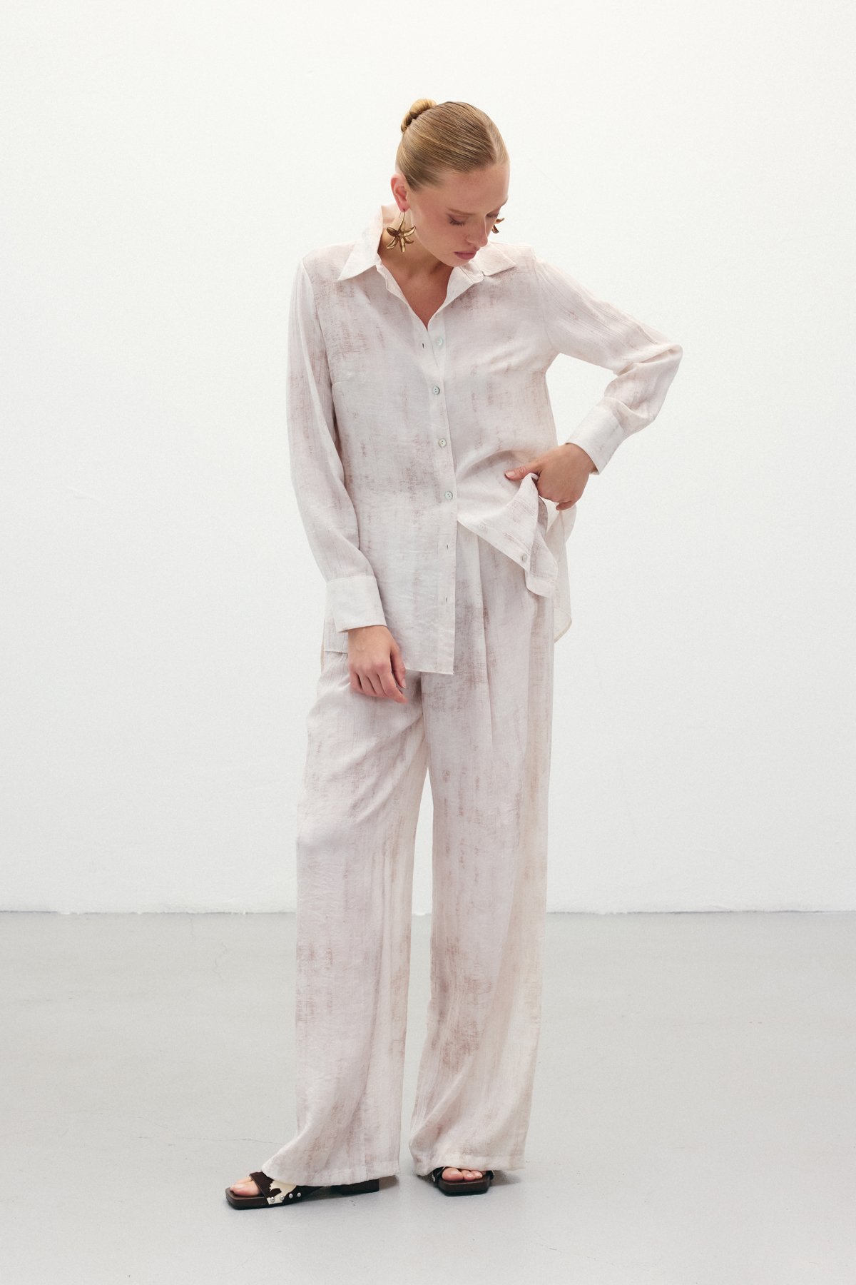 Desenli Salaş Pantolon - Taş