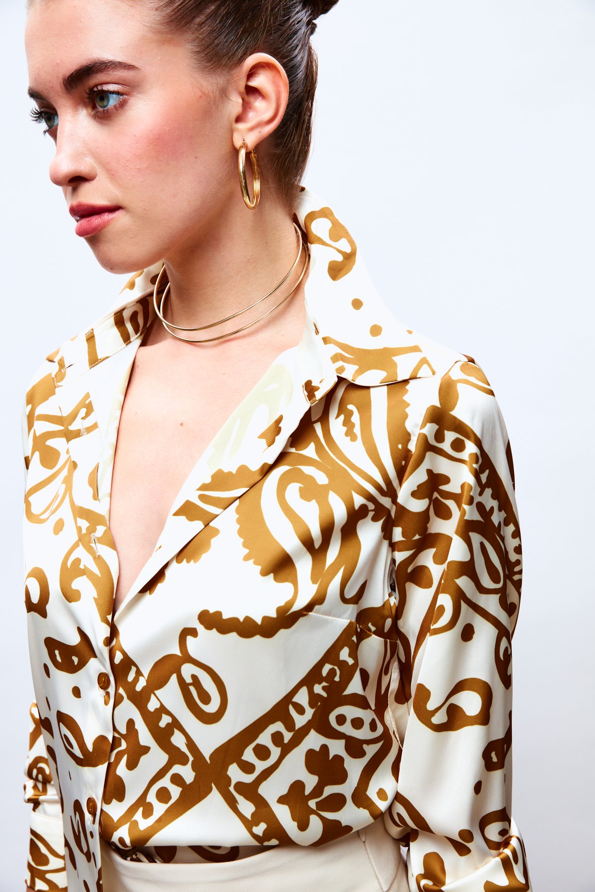 Desenli Salaş Saten Gömlek - CAMEL