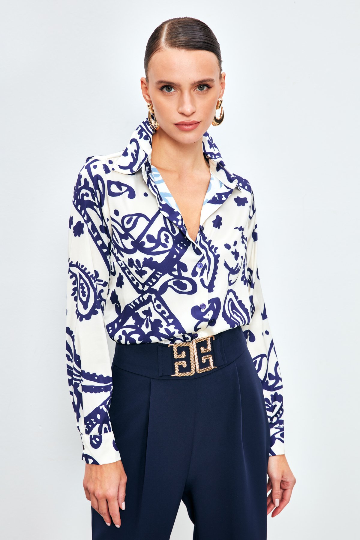 Desenli Salaş Saten Gömlek - SAX MAVİ