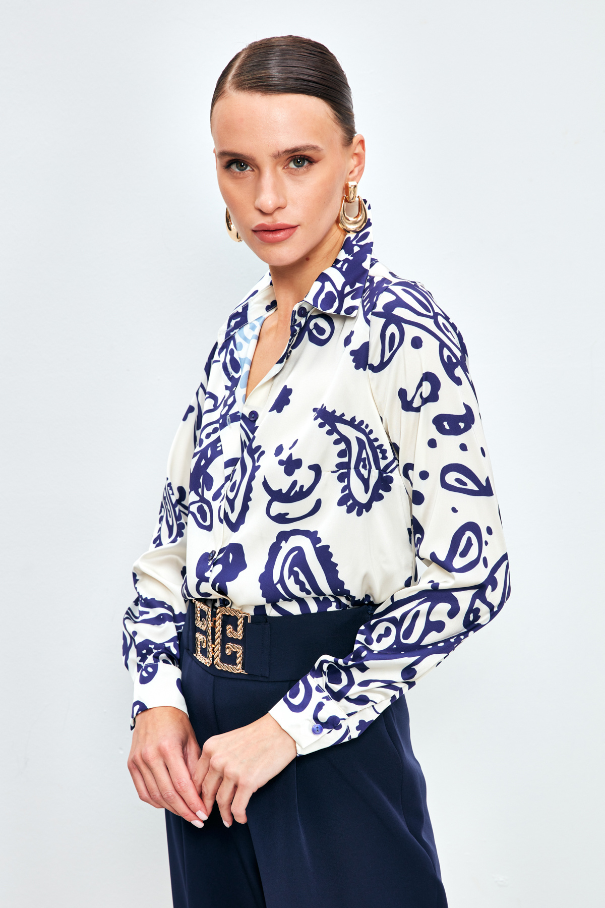 Desenli Salaş Saten Gömlek - SAX MAVİ