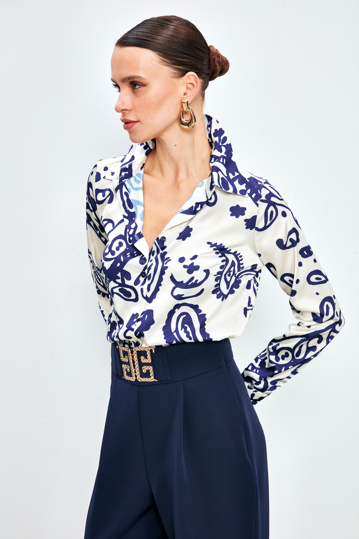 Desenli Salaş Saten Gömlek - SAX MAVİ