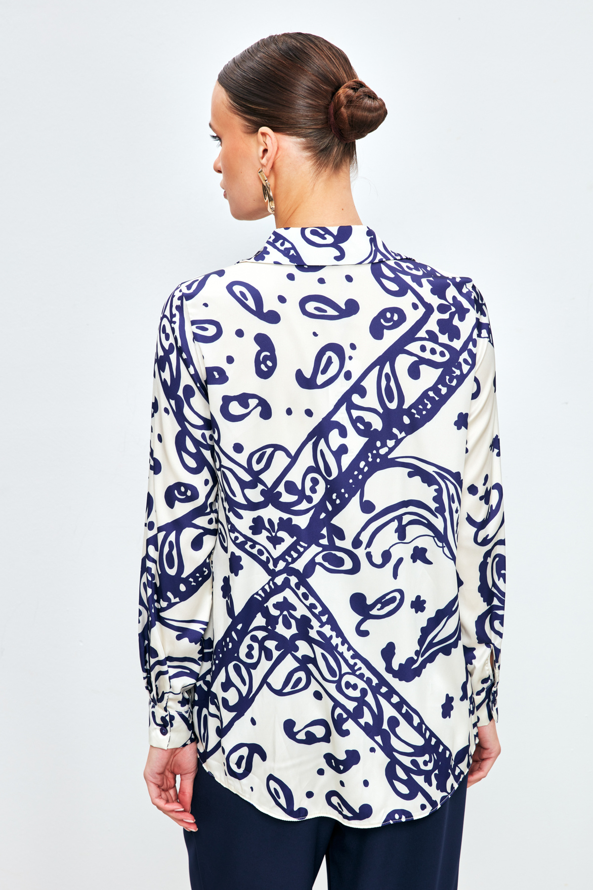 Desenli Salaş Saten Gömlek - SAX MAVİ