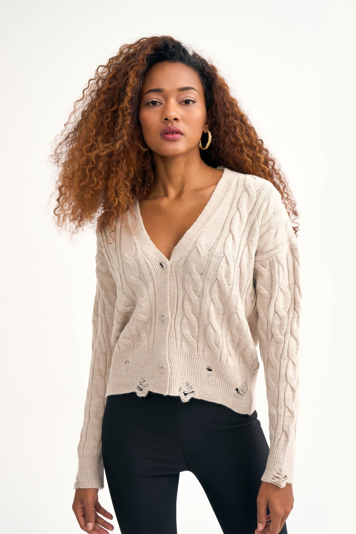 Patterned shabby knit cardigan - STONE
