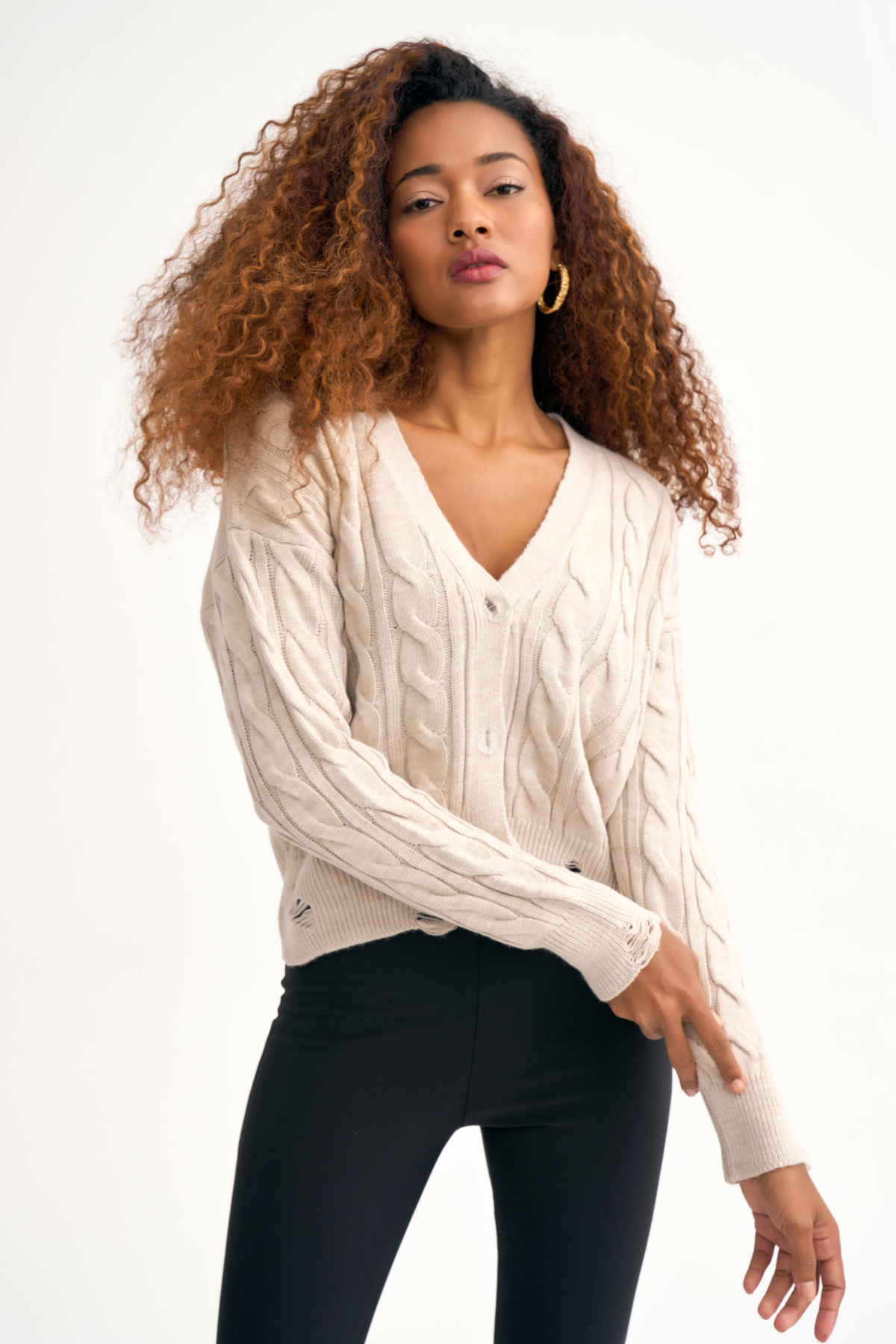 Patterned shabby knit cardigan - STONE