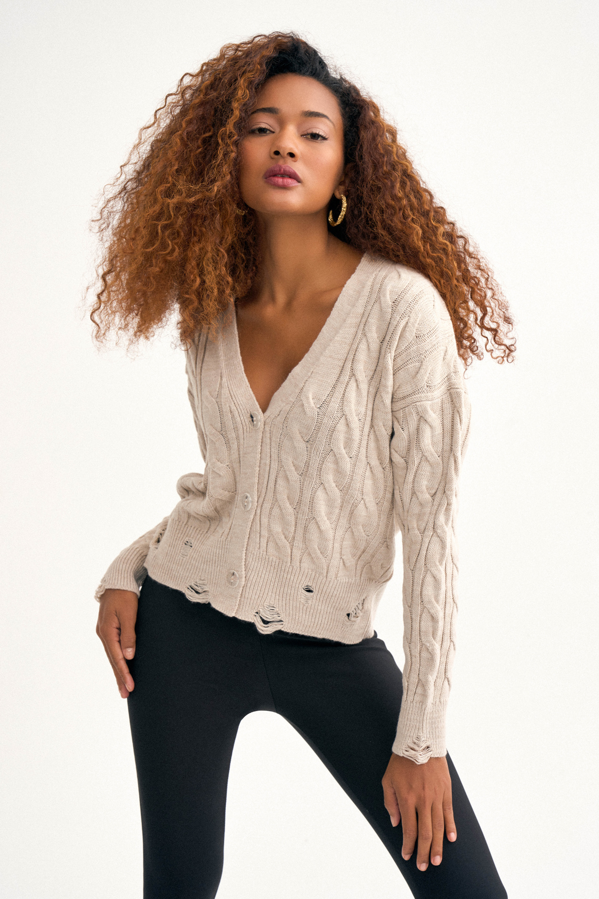 Patterned shabby knit cardigan - STONE
