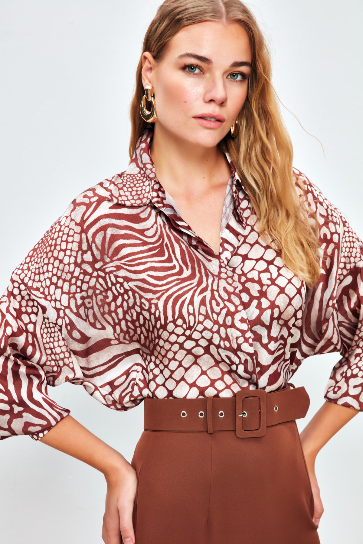 Desenli Salaş Uzun Gömlek - KAHVE