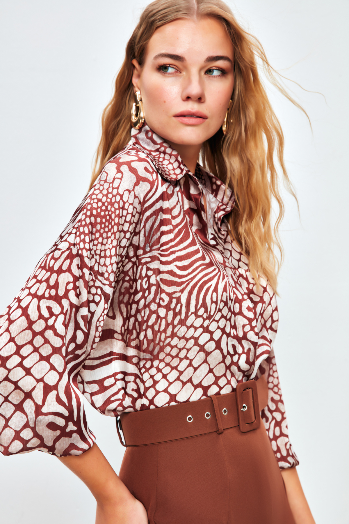 Desenli Salaş Uzun Gömlek - KAHVE