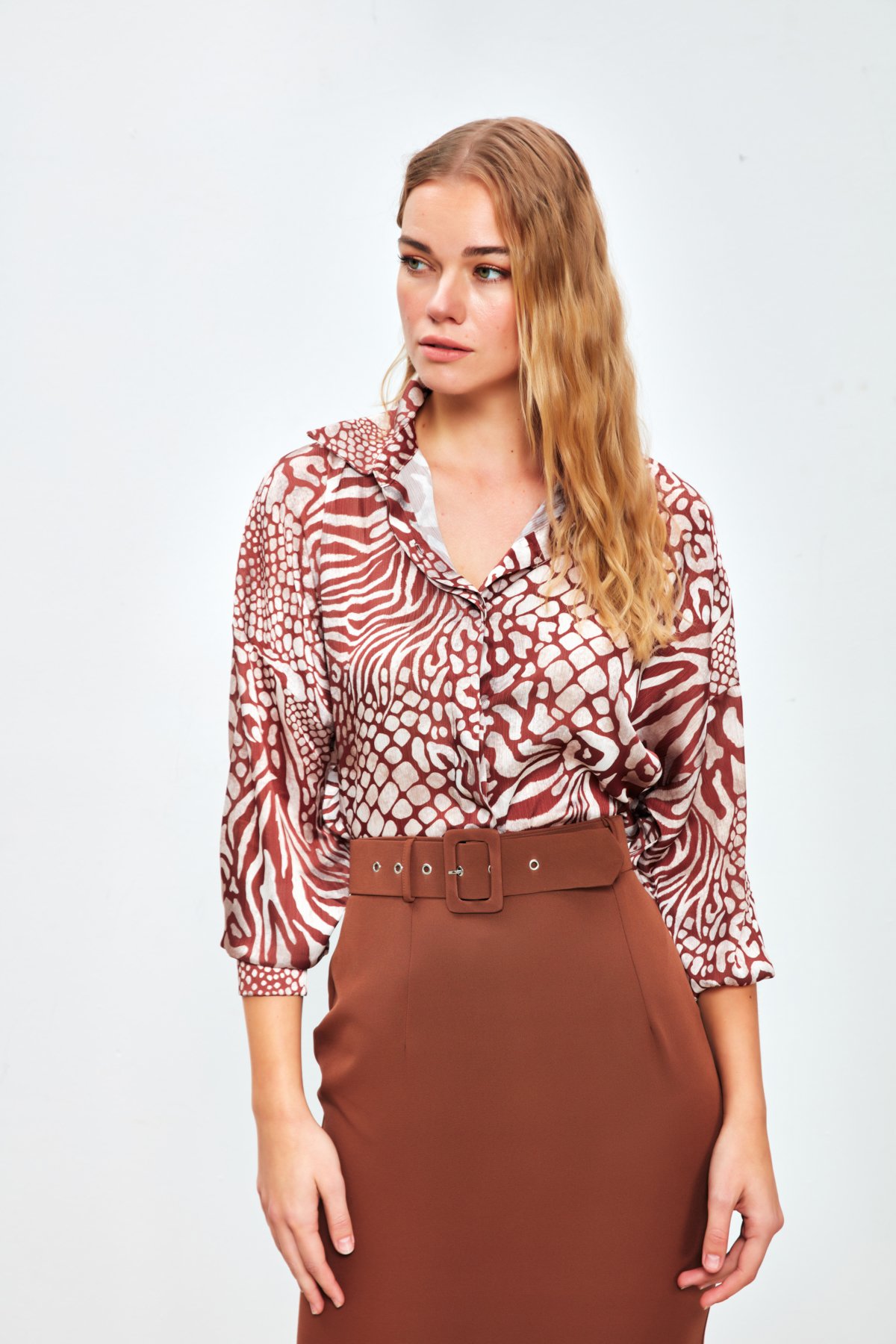 Desenli Salaş Uzun Gömlek - KAHVE