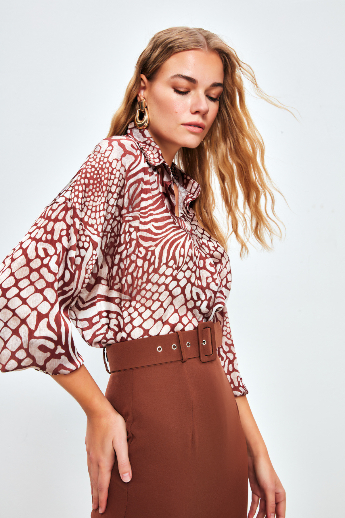 Desenli Salaş Uzun Gömlek - KAHVE