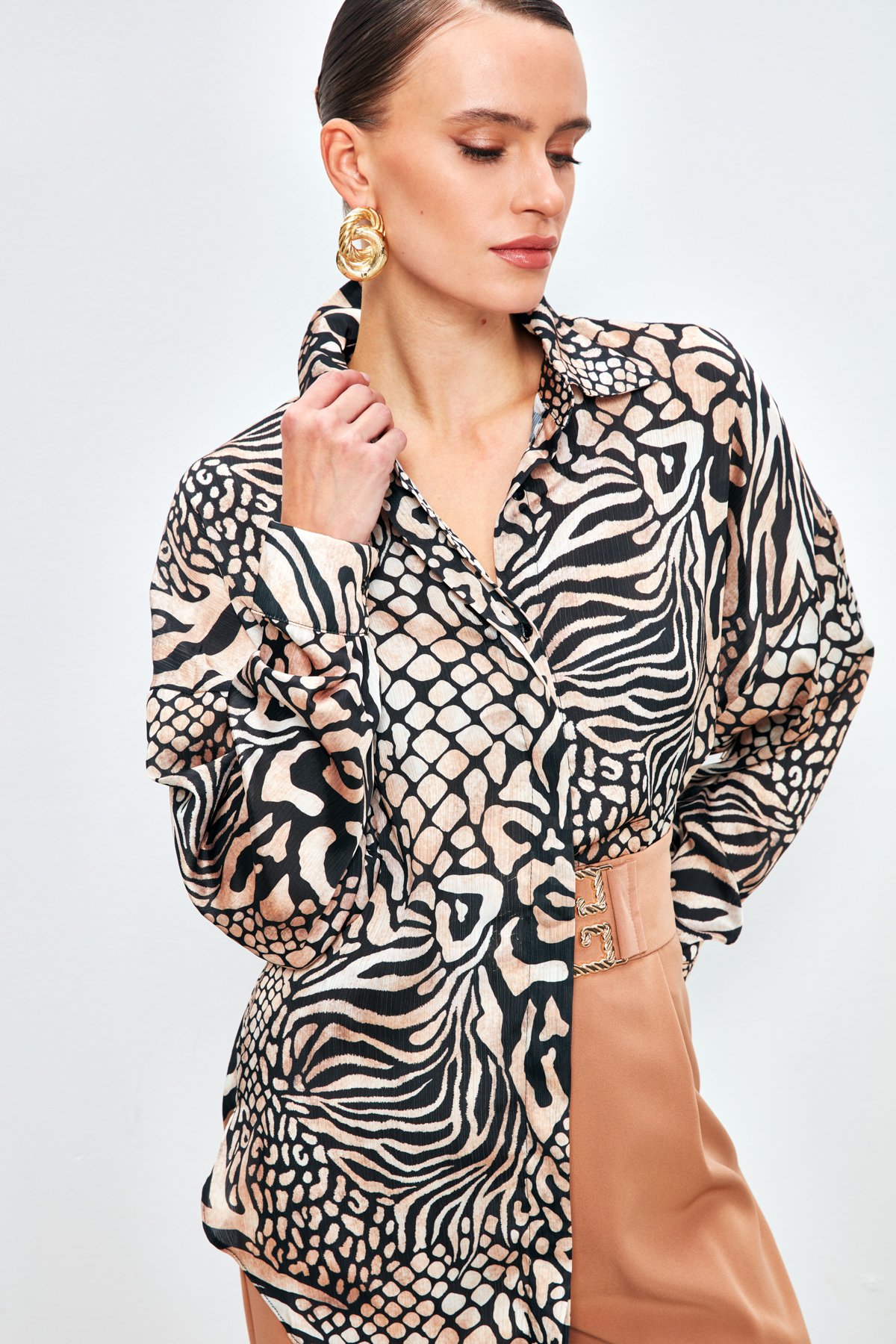 Desenli Salaş Uzun Gömlek - SİYAH