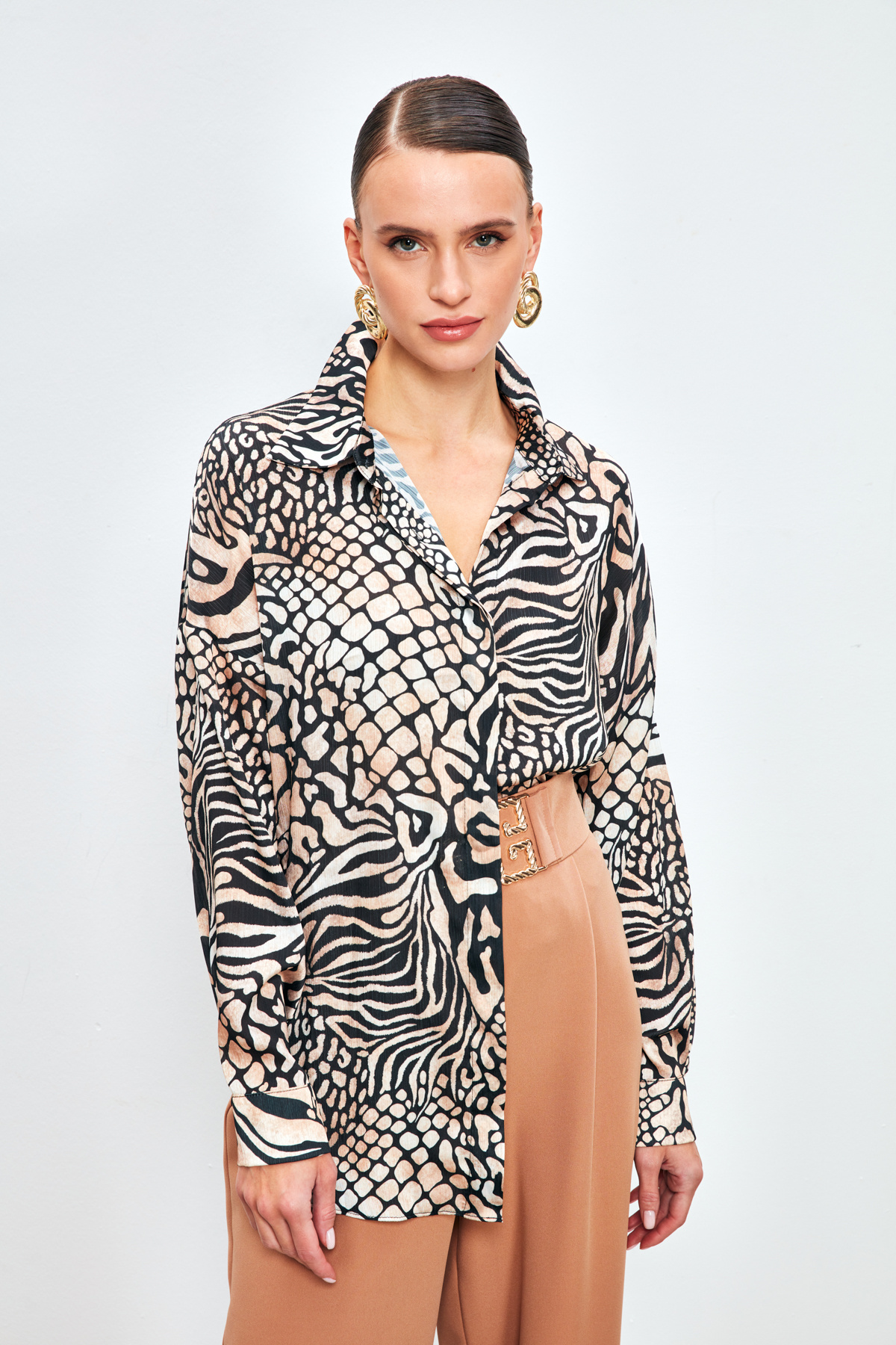 Desenli Salaş Uzun Gömlek - SİYAH