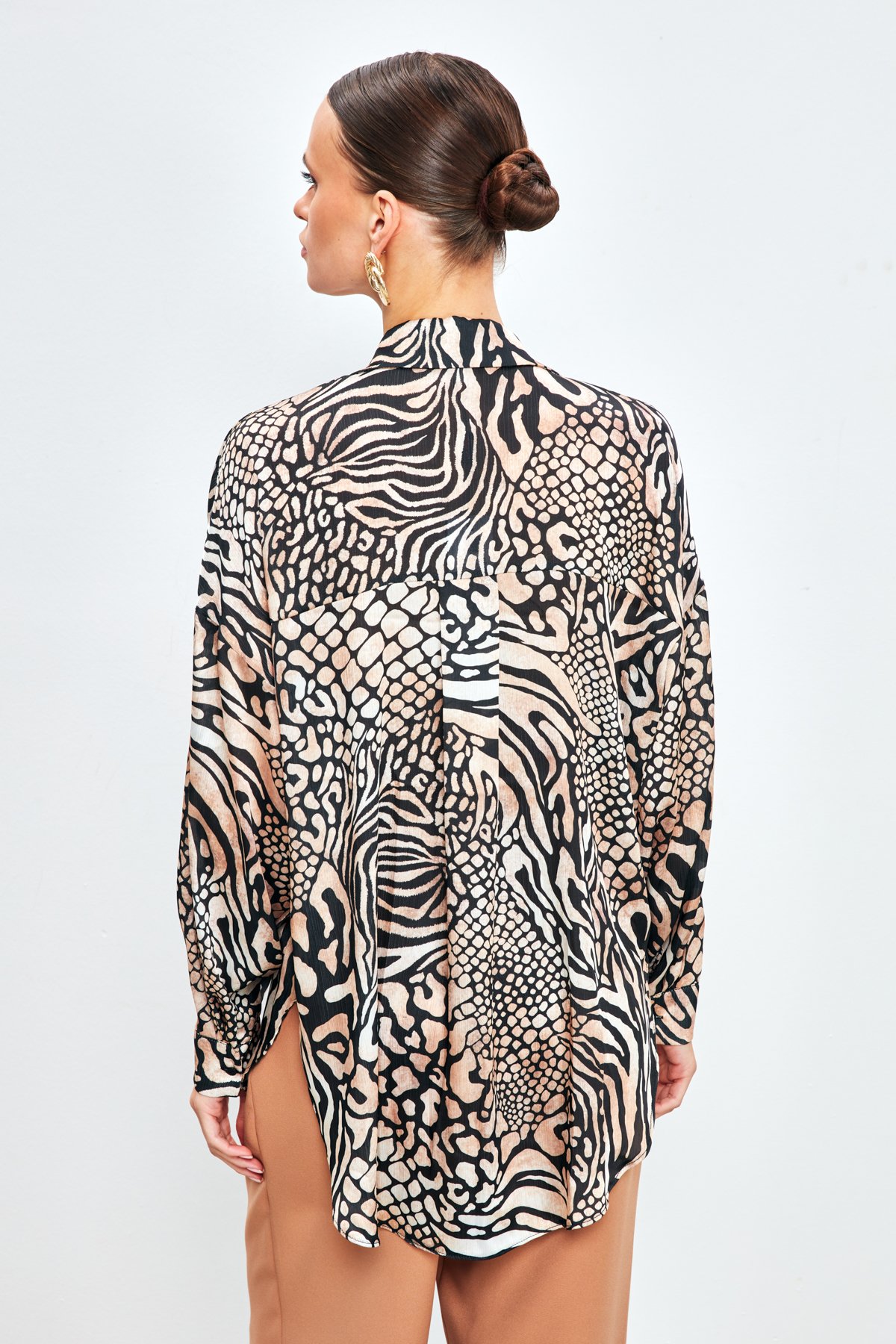 Desenli Salaş Uzun Gömlek - SİYAH