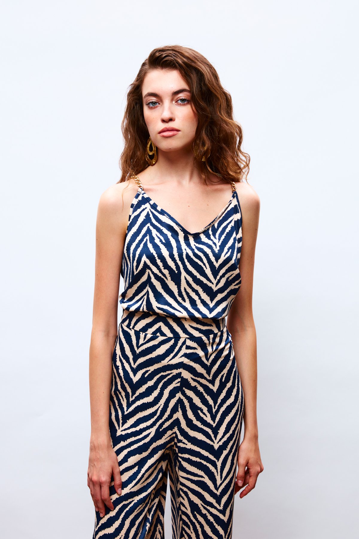 Desenli Saten Bluz - LACİVERT