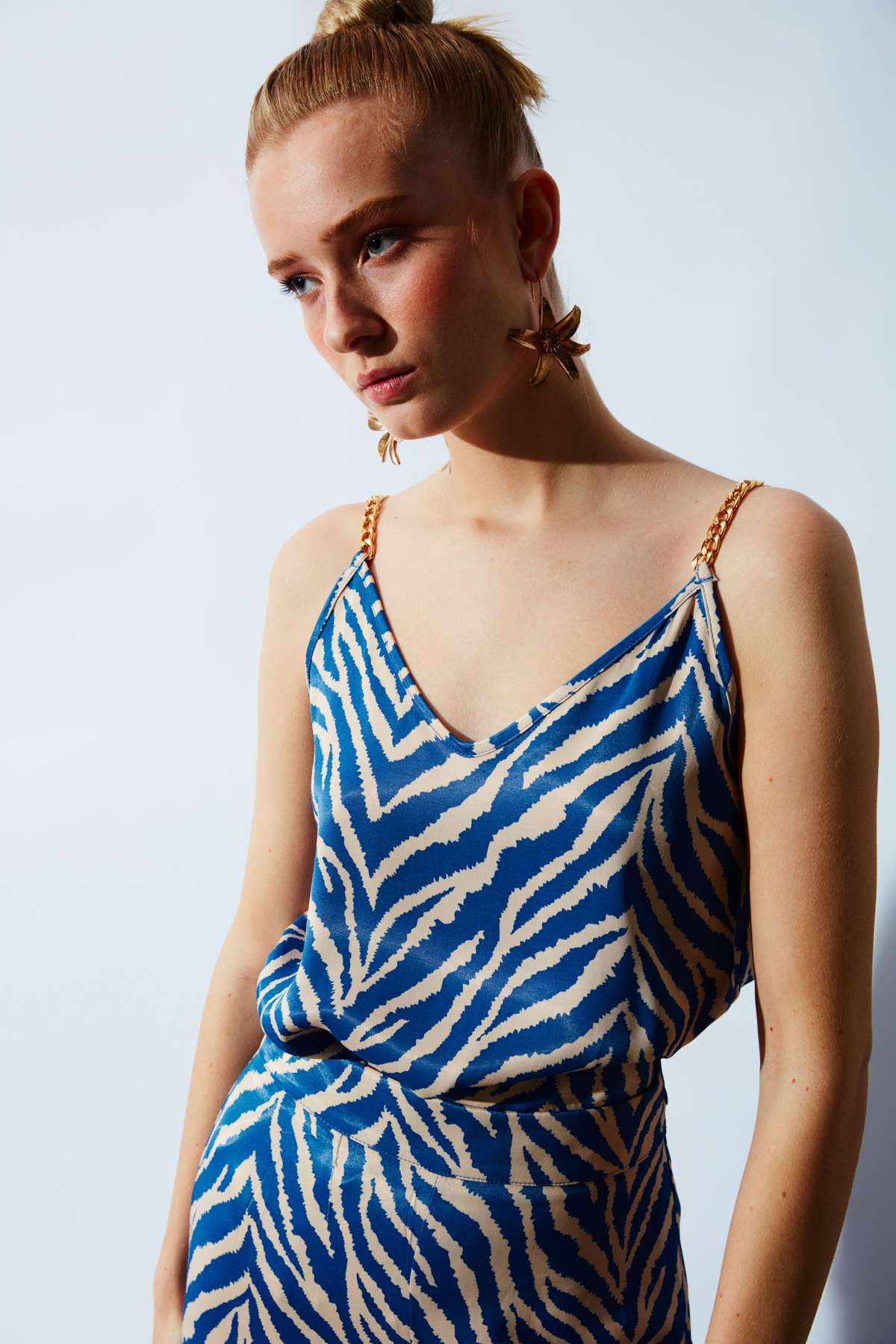 Desenli Saten Bluz - MAVİ