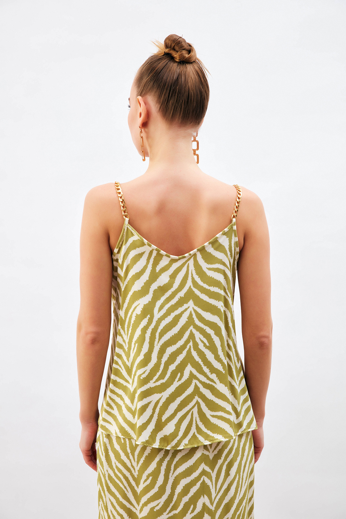 Desenli Saten Bluz - YAĞ YEŞİLİ