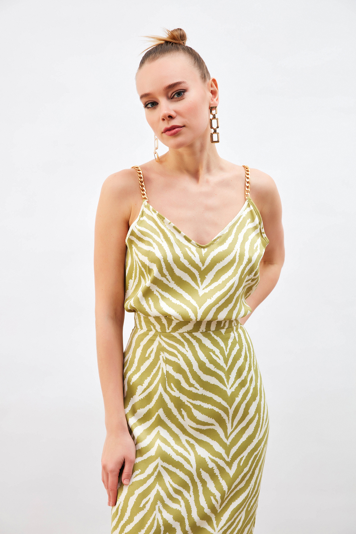 Desenli Saten Bluz - YAĞ YEŞİLİ