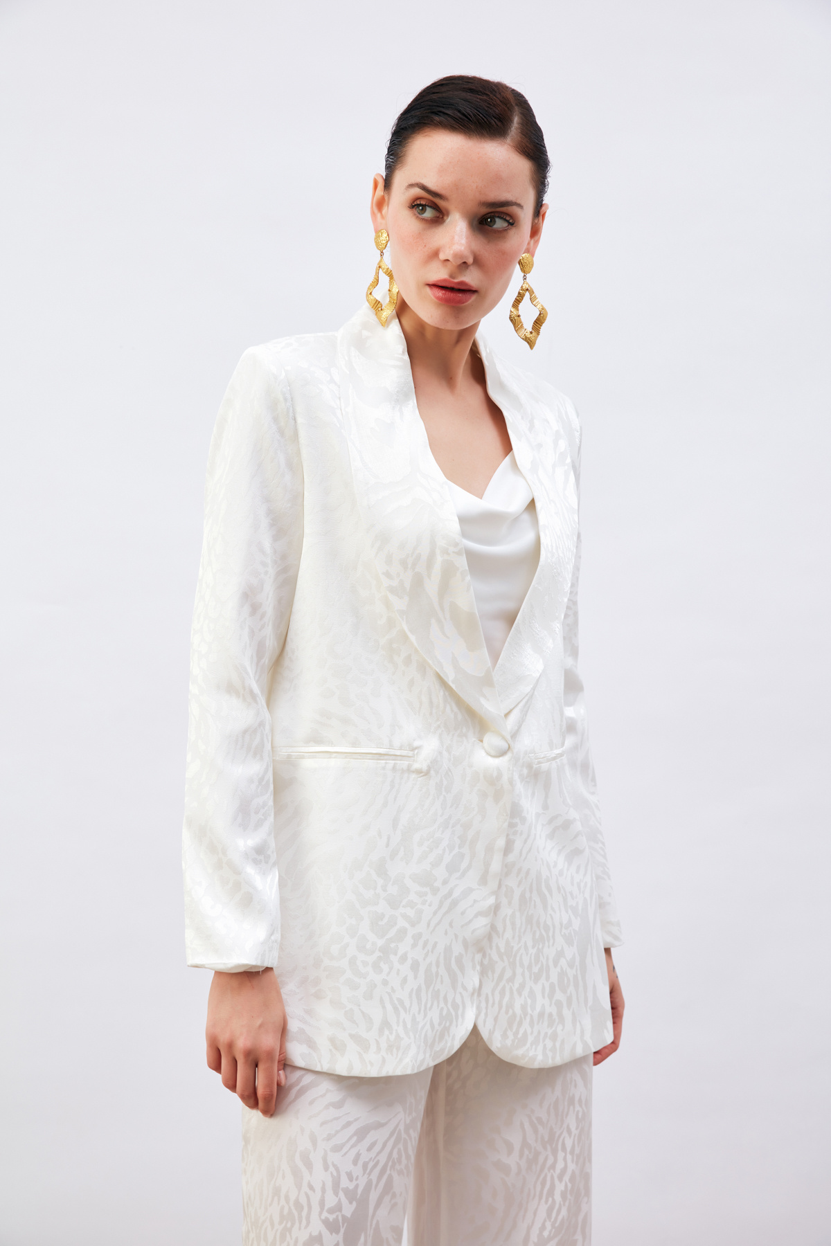 Desenli Saten Ceket - EKRU