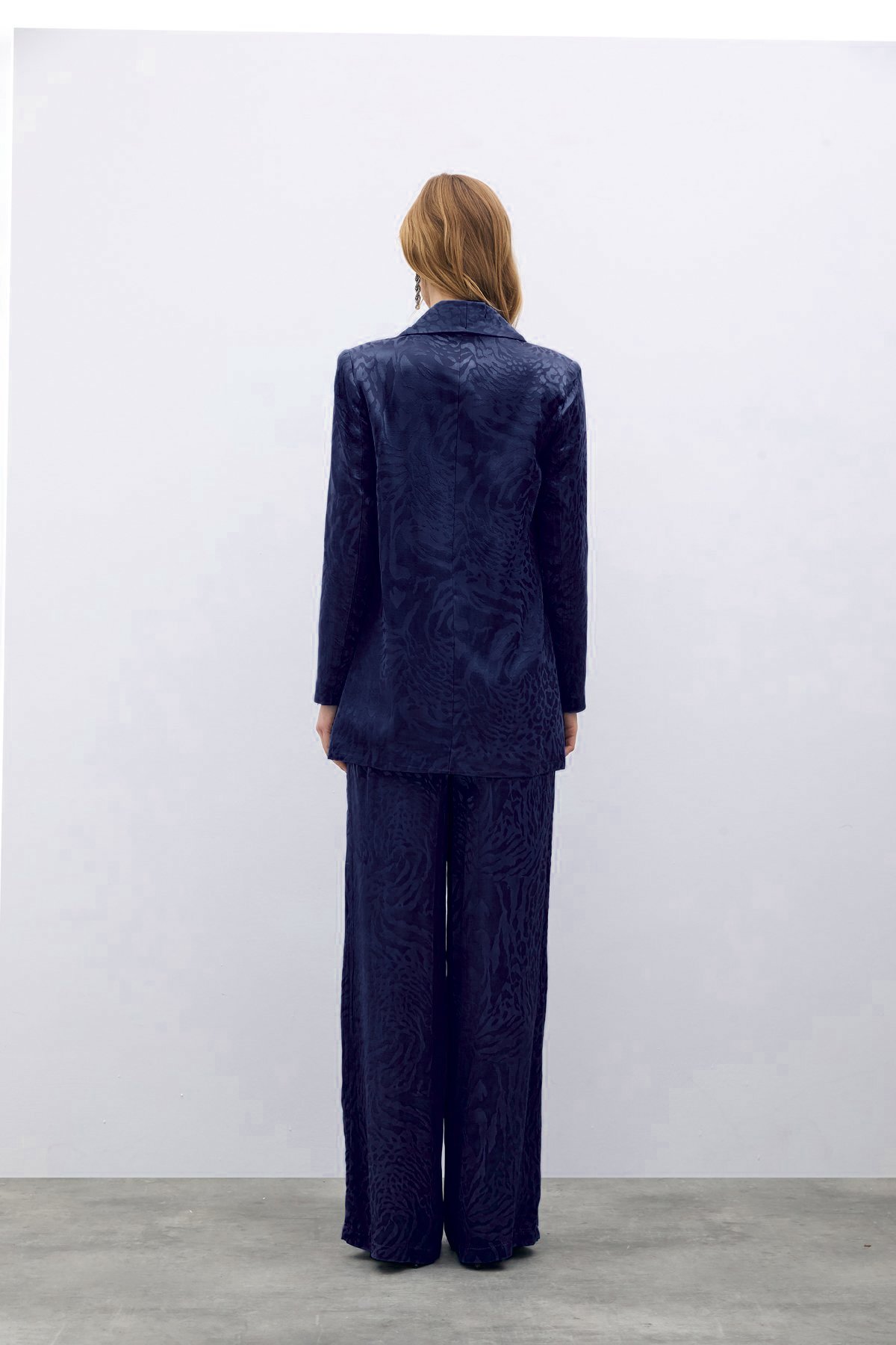 Desenli Saten Ceket - Lacivert