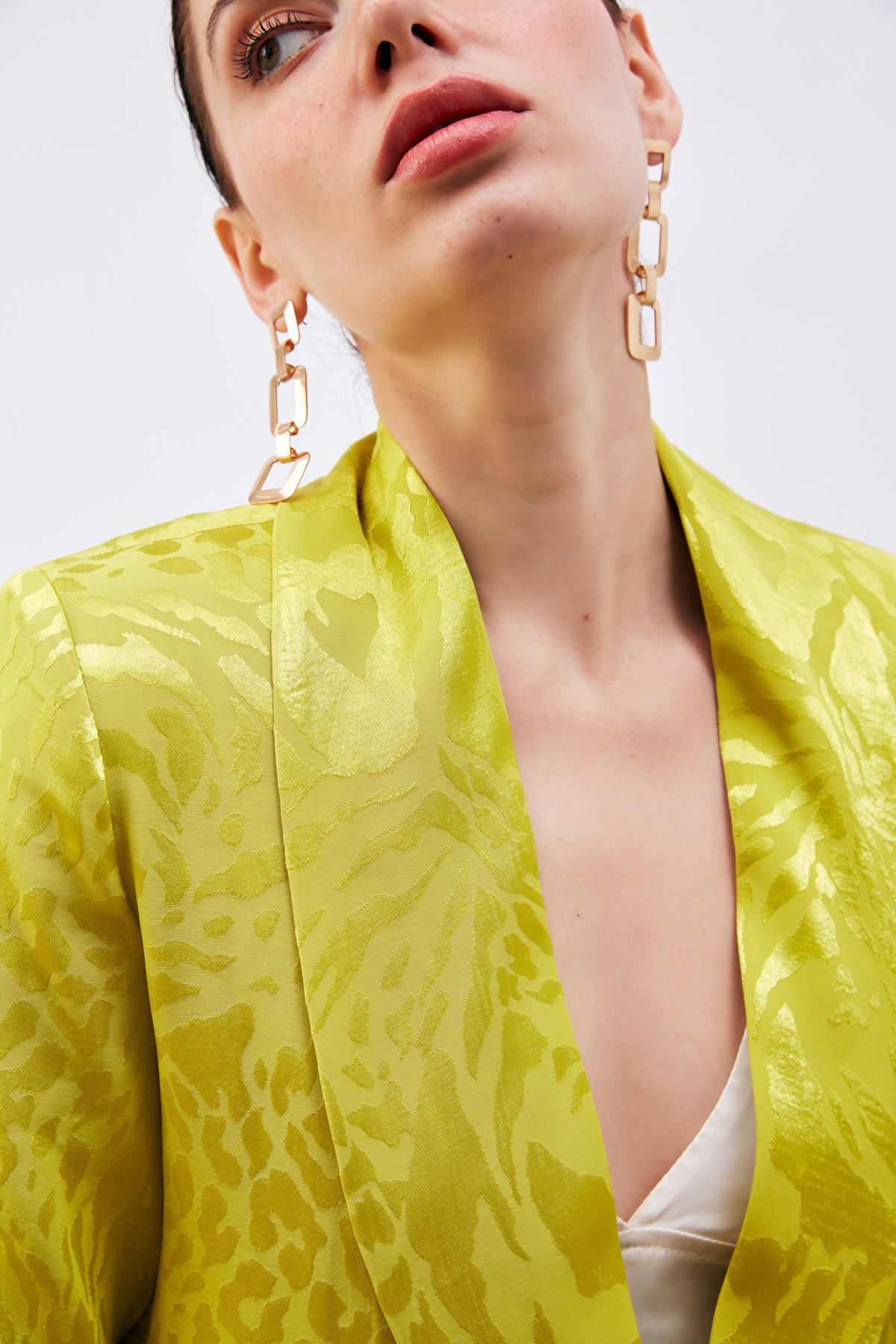 Desenli Saten Ceket - YAĞ YEŞİLİ