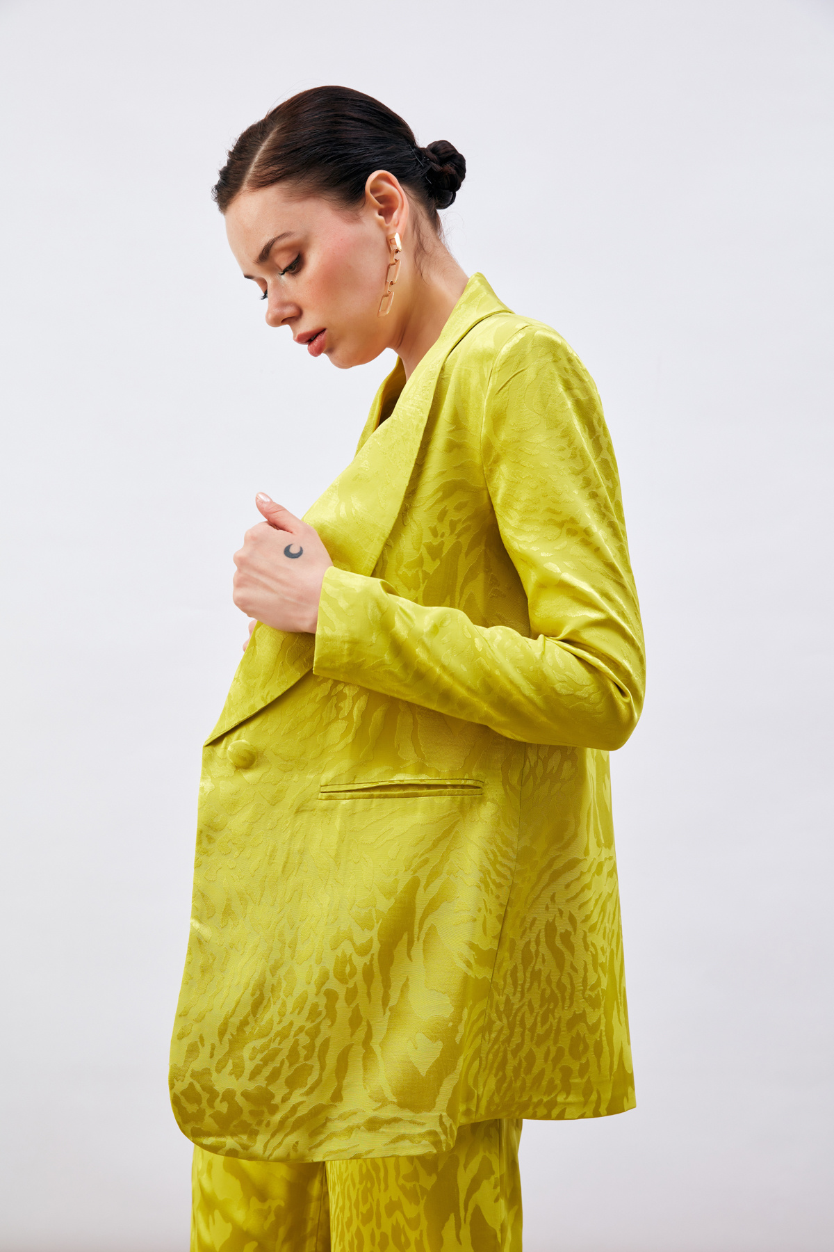 Desenli Saten Ceket - YAĞ YEŞİLİ