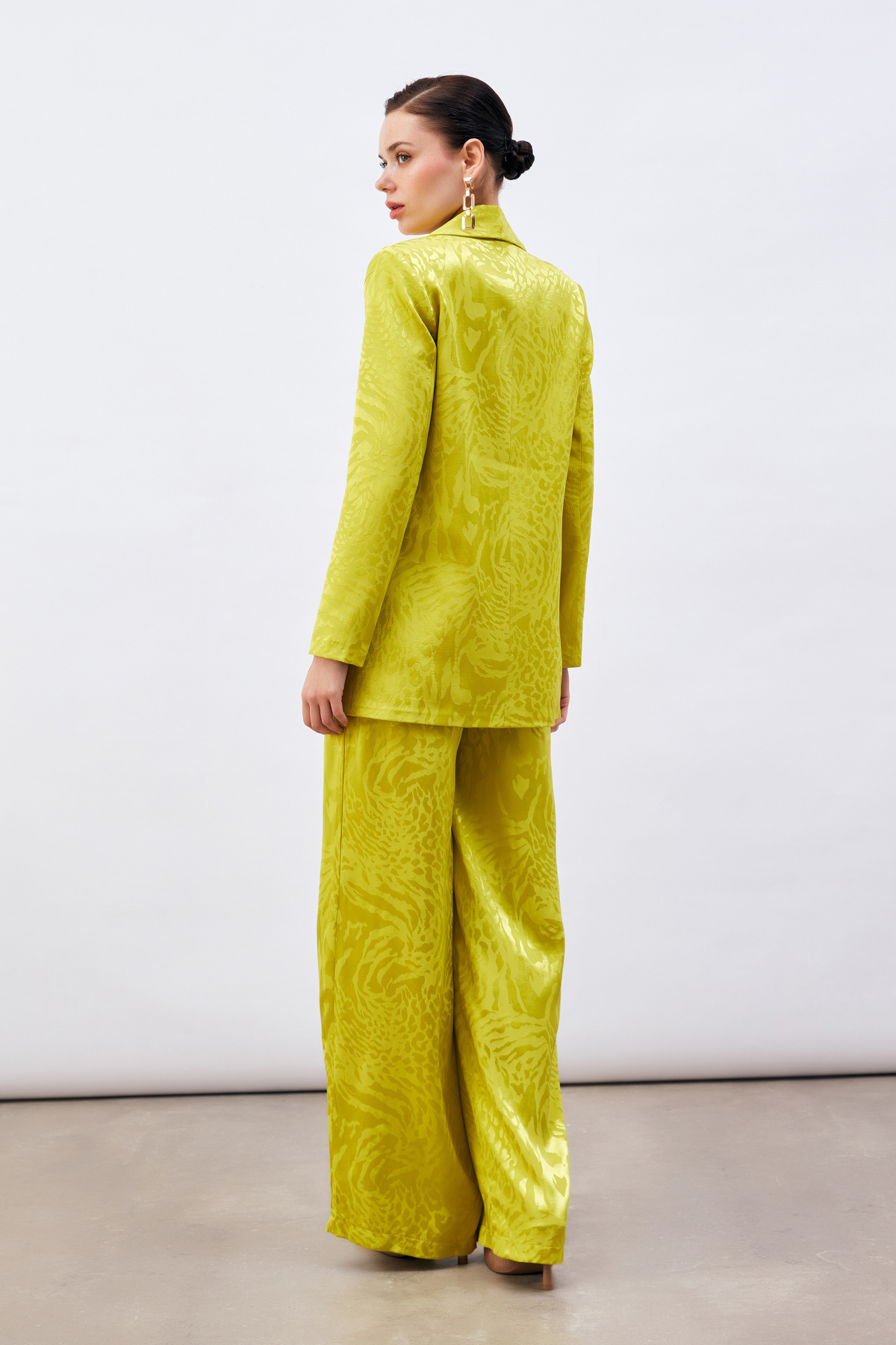 Desenli Saten Ceket - YAĞ YEŞİLİ