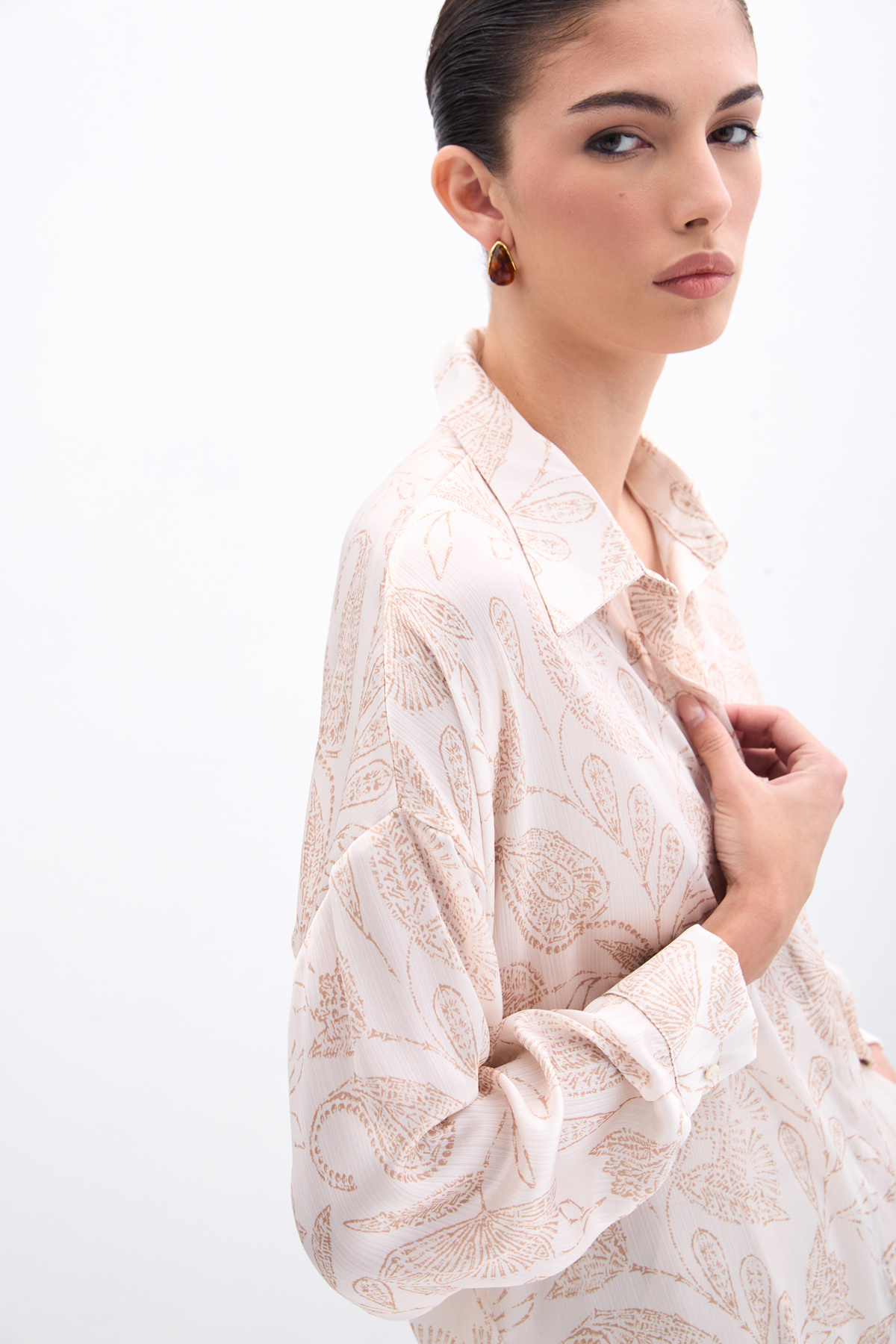 Desenli Saten Gömlek - Bej