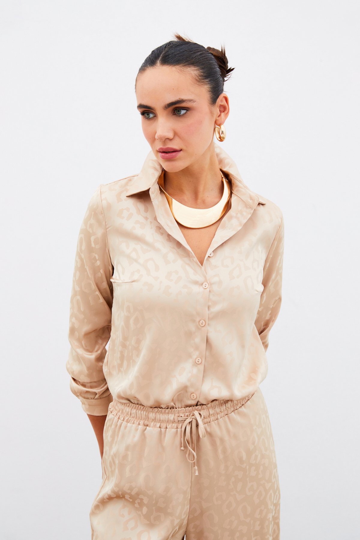 Desenli Saten Gömlek - CAMEL