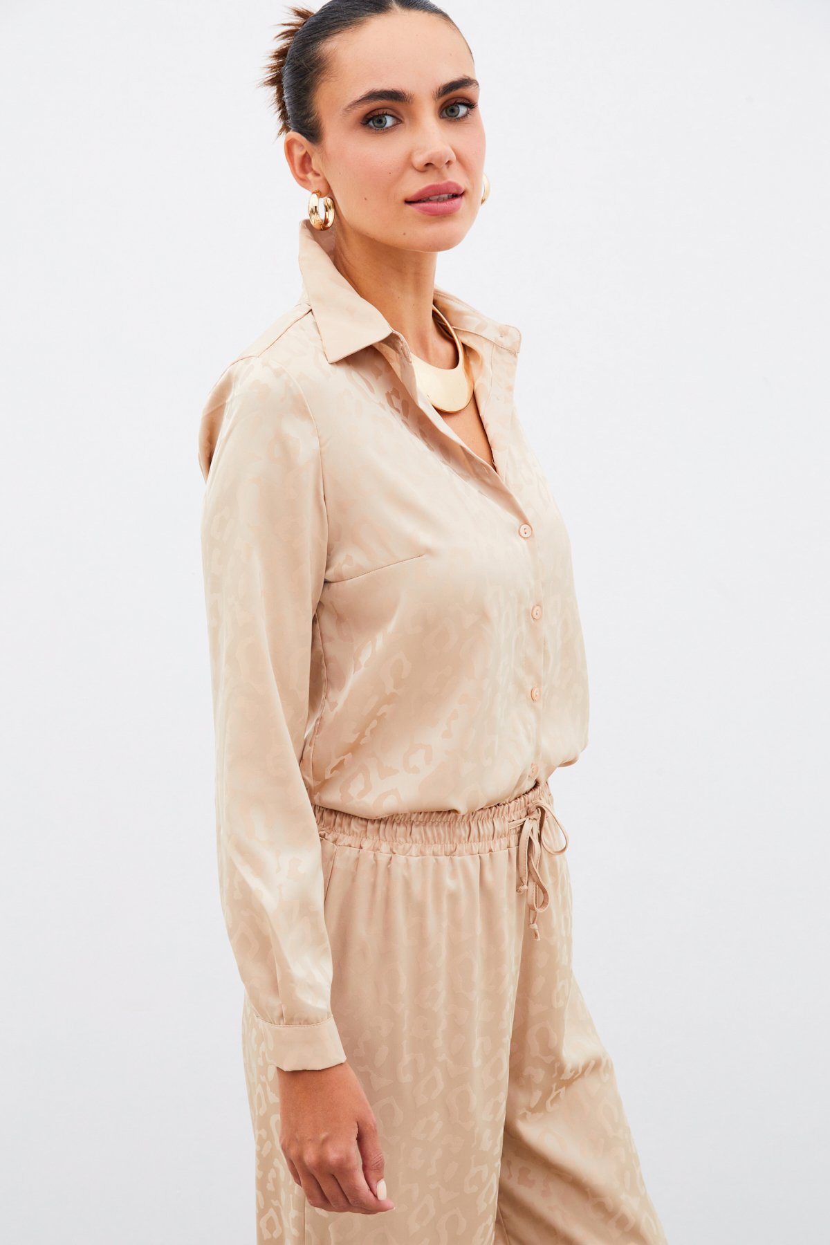 Desenli Saten Gömlek - CAMEL