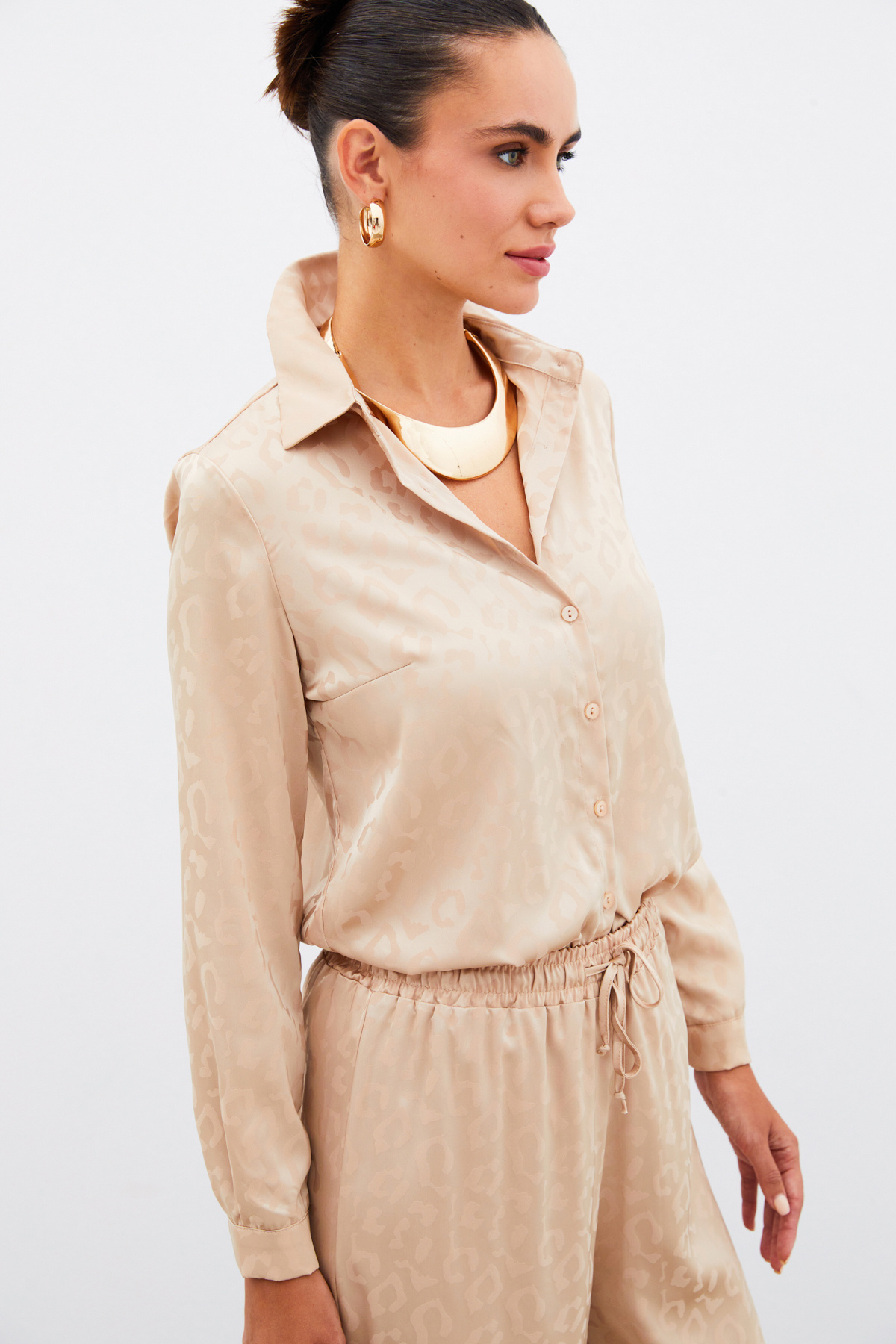 Desenli Saten Gömlek - CAMEL